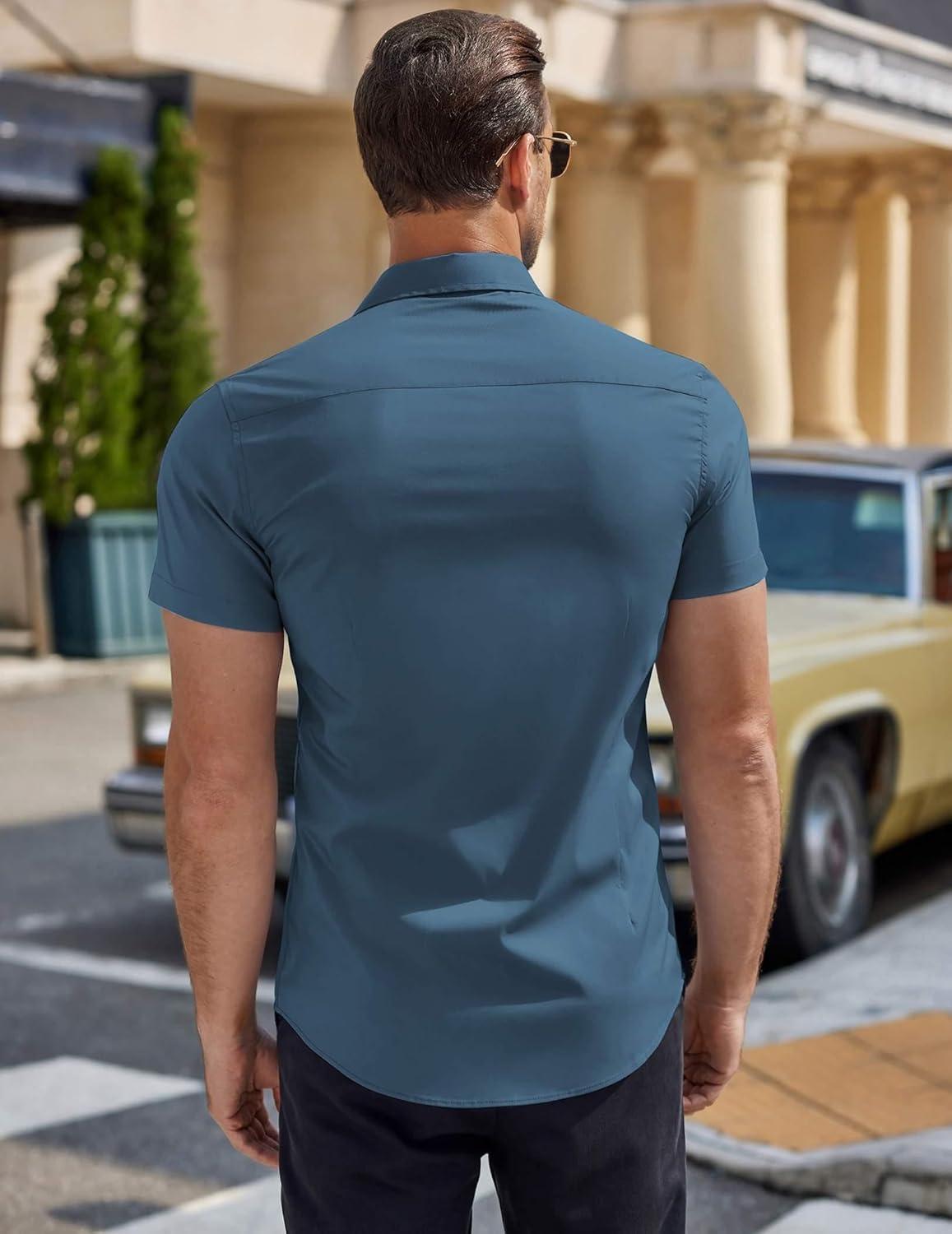 imageCOOFANDY Mens Dress Shirt Short Sleeve Button Down Shirts with PocketGrey Blue