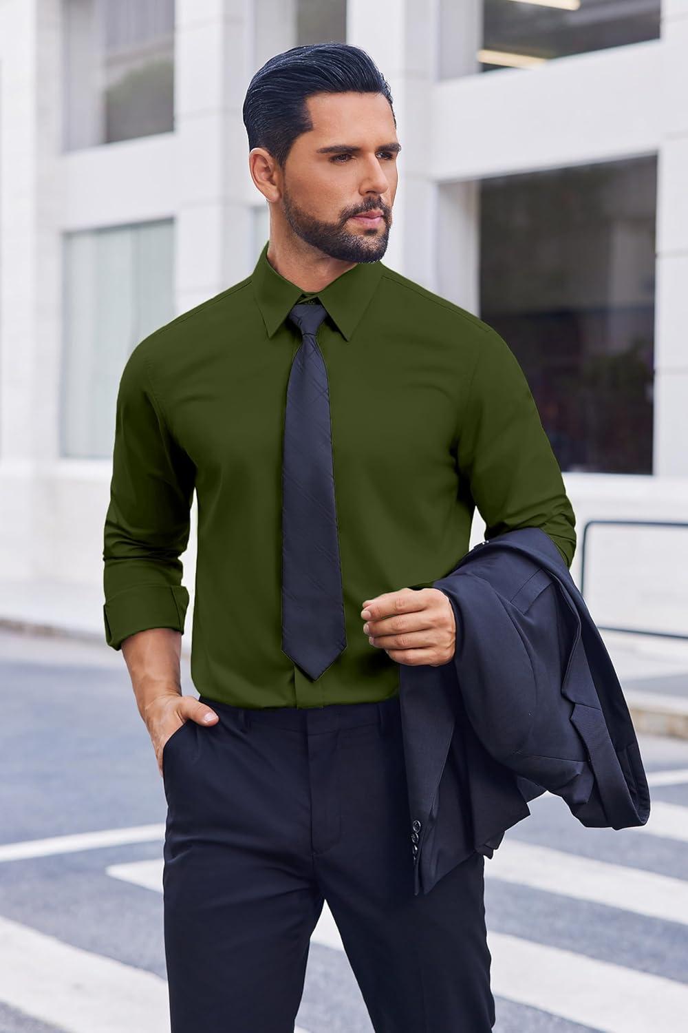 imageCOOFANDY Mens Dress Shirts Long Sleeve Casual Button Down Shirts Formal Business ShirtArmy Green