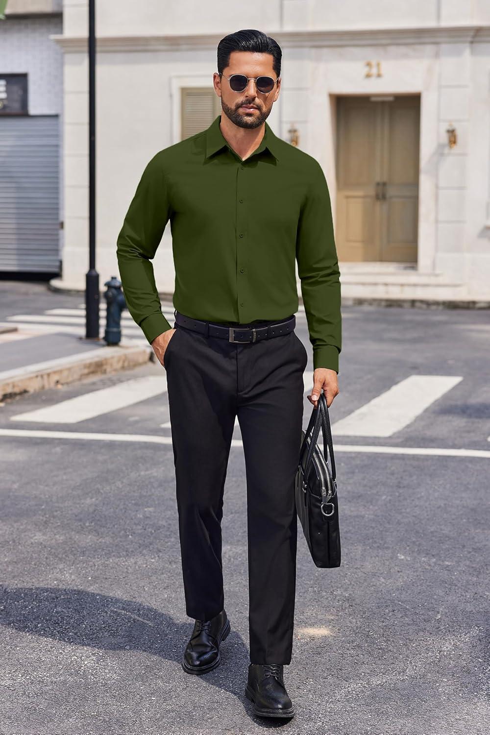 imageCOOFANDY Mens Dress Shirts Long Sleeve Casual Button Down Shirts Formal Business ShirtArmy Green