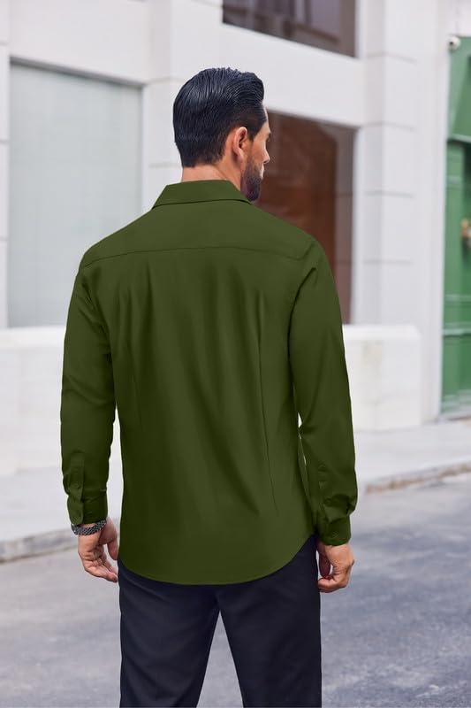 imageCOOFANDY Mens Dress Shirts Long Sleeve Casual Button Down Shirts Formal Business ShirtArmy Green