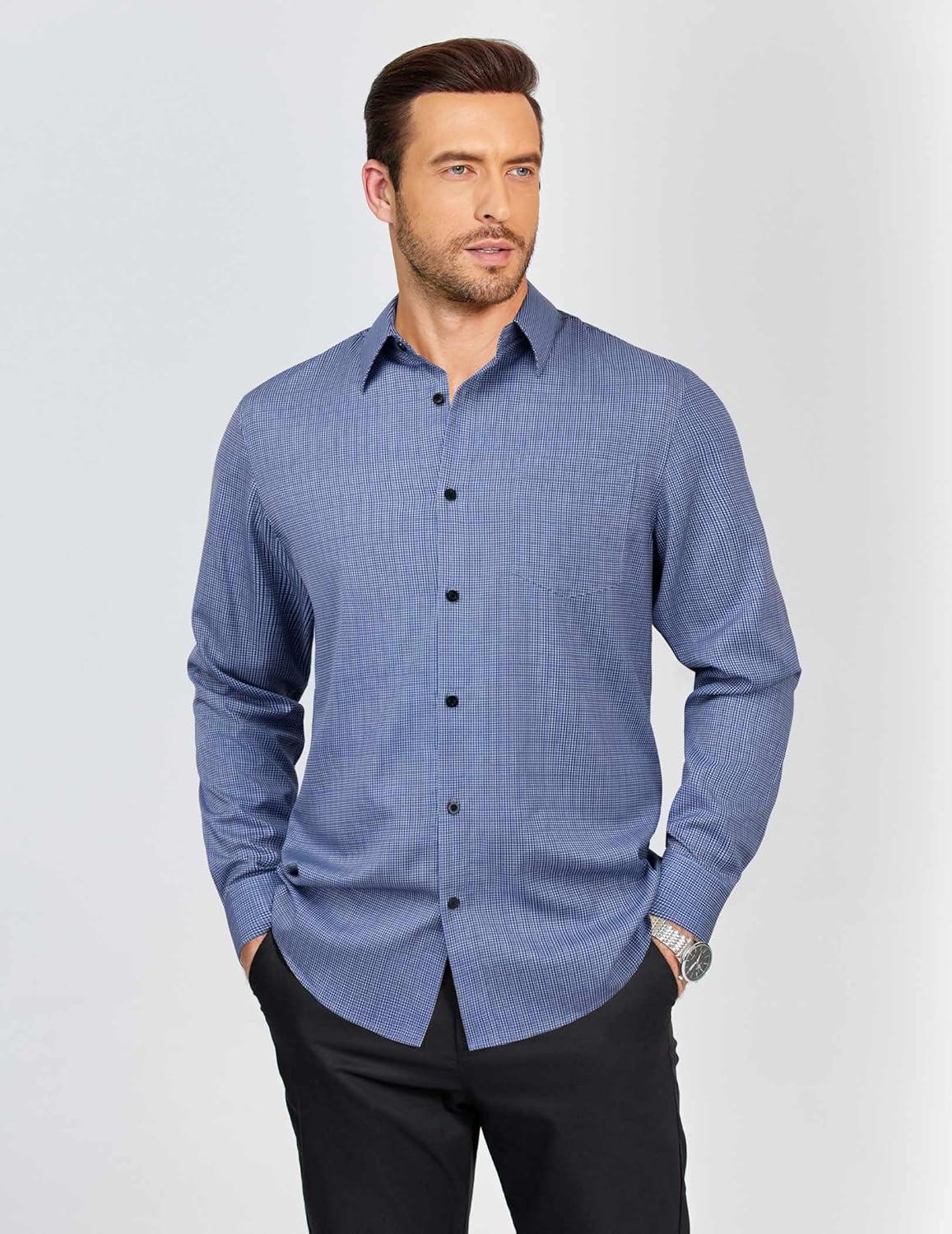 imageCOOFANDY Mens Dress Shirts Long Sleeve Plaid Button Down Shirt Business Casual Stretch Shirts with PocketWhite Navy Plaid