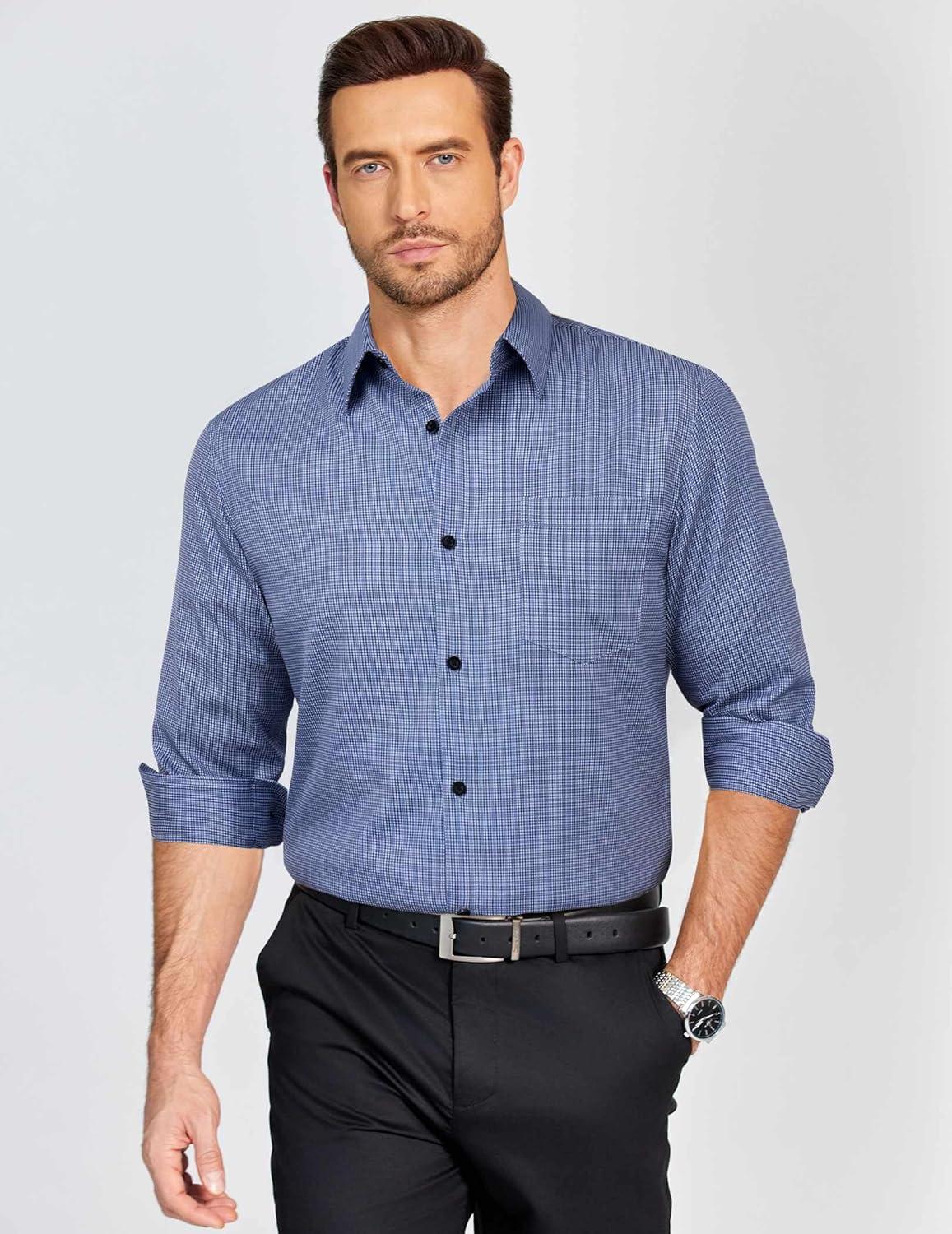 imageCOOFANDY Mens Dress Shirts Long Sleeve Plaid Button Down Shirt Business Casual Stretch Shirts with PocketWhite Navy Plaid