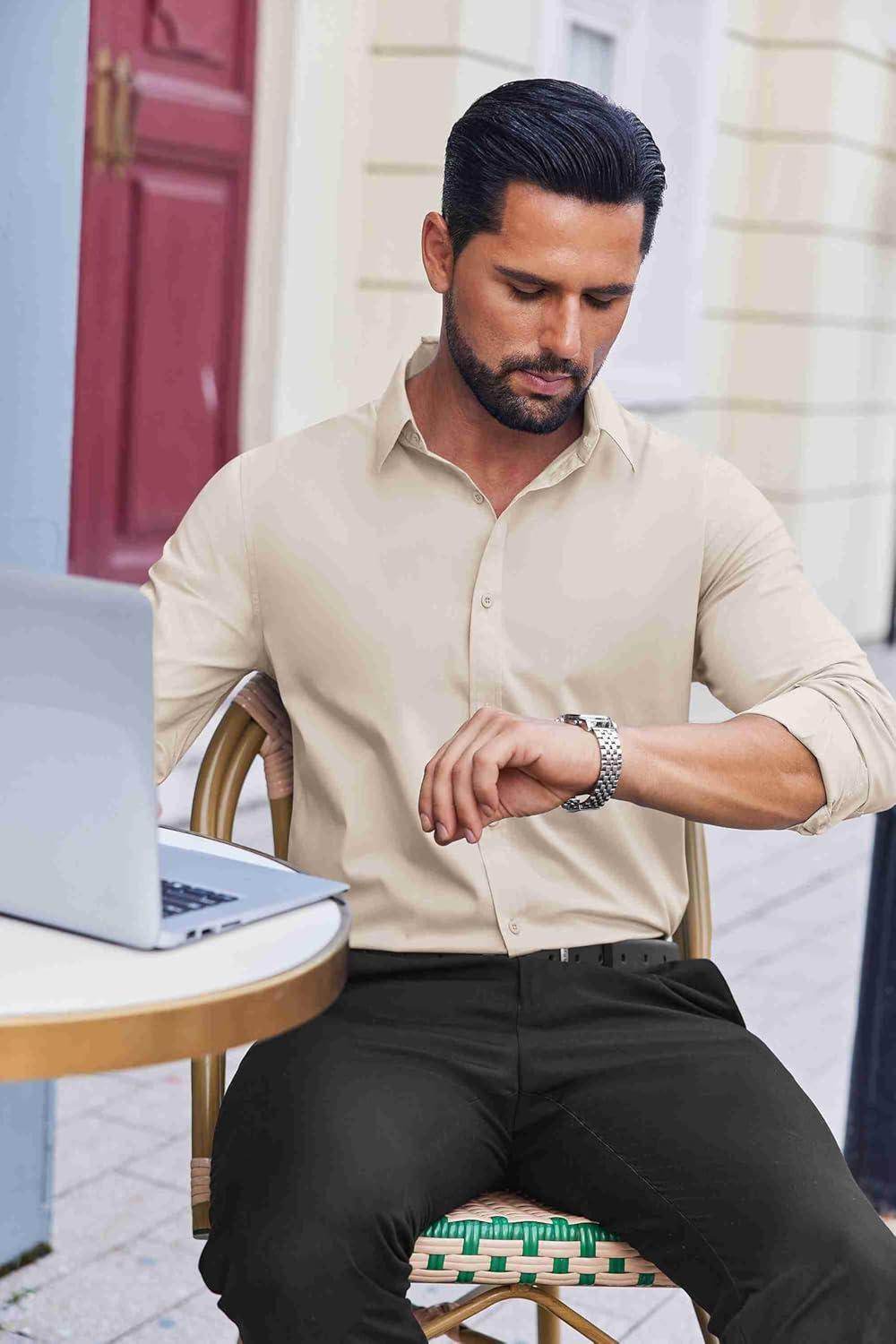 imageCOOFANDY Mens Dress Shirts Long Sleeve Stain Shield Button Down Shirt Regular Fit Formal Business Wedding ShirtsBeige