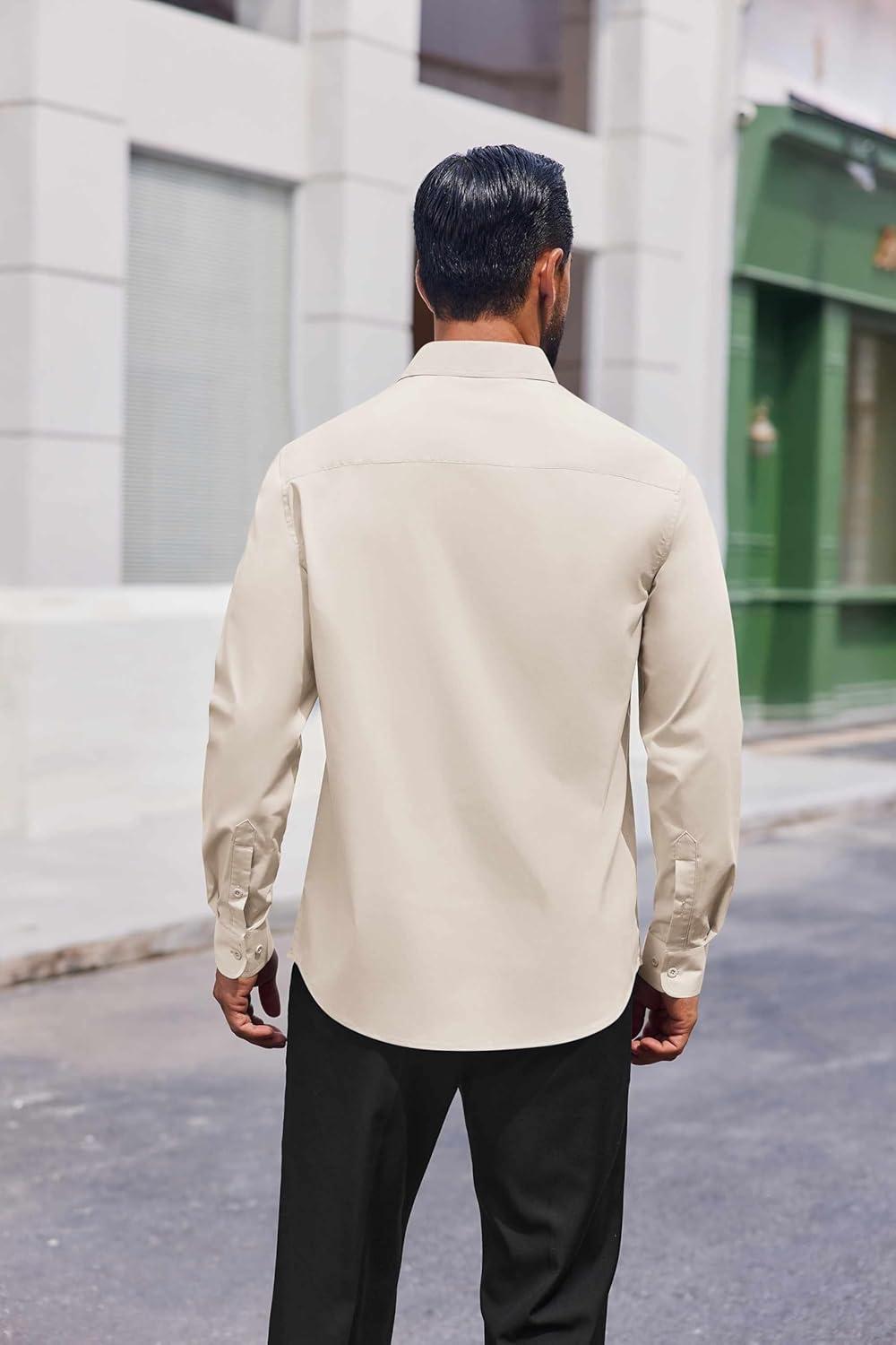 imageCOOFANDY Mens Dress Shirts Long Sleeve Stain Shield Button Down Shirt Regular Fit Formal Business Wedding ShirtsBeige