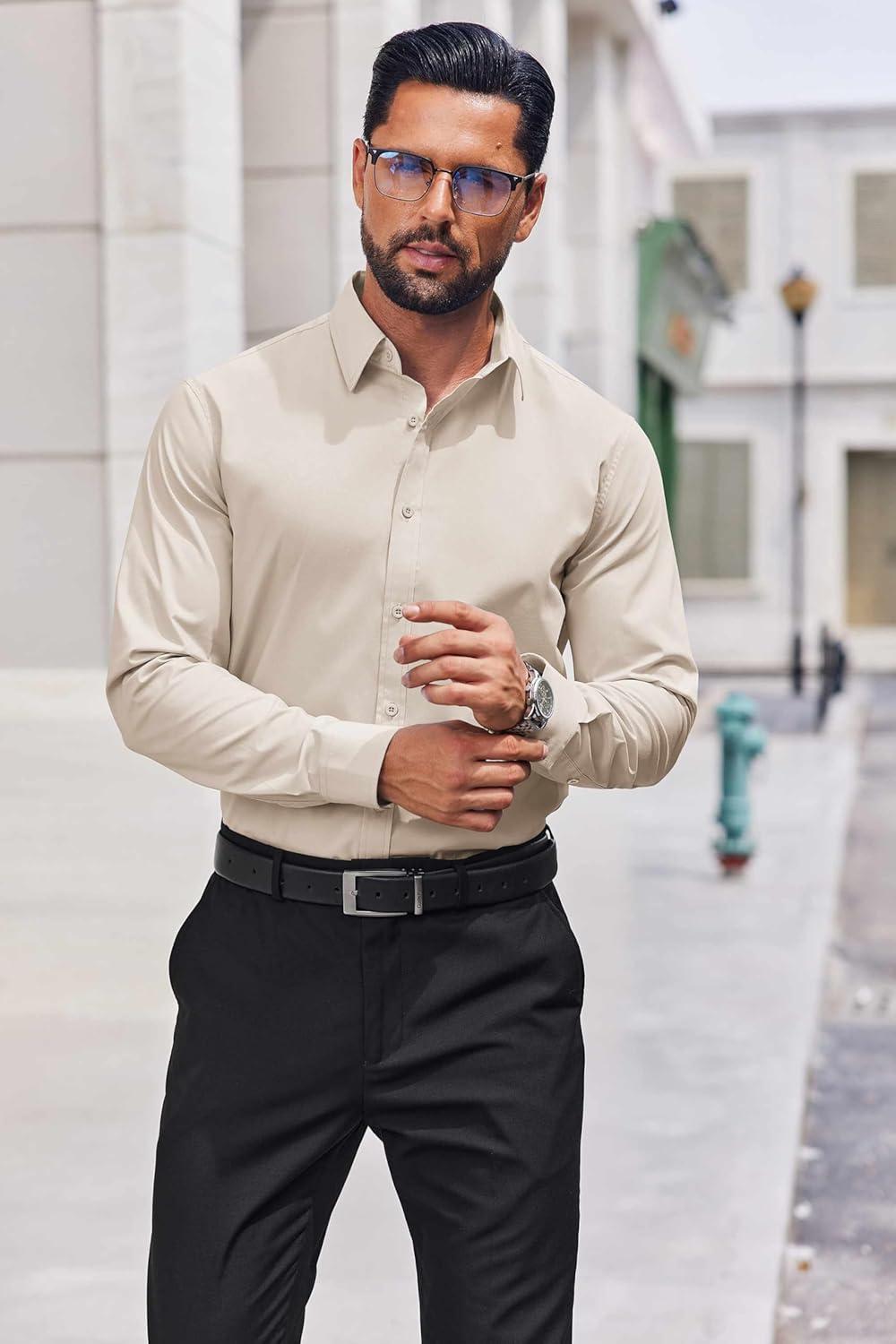 imageCOOFANDY Mens Dress Shirts Long Sleeve Stain Shield Button Down Shirt Regular Fit Formal Business Wedding ShirtsBeige