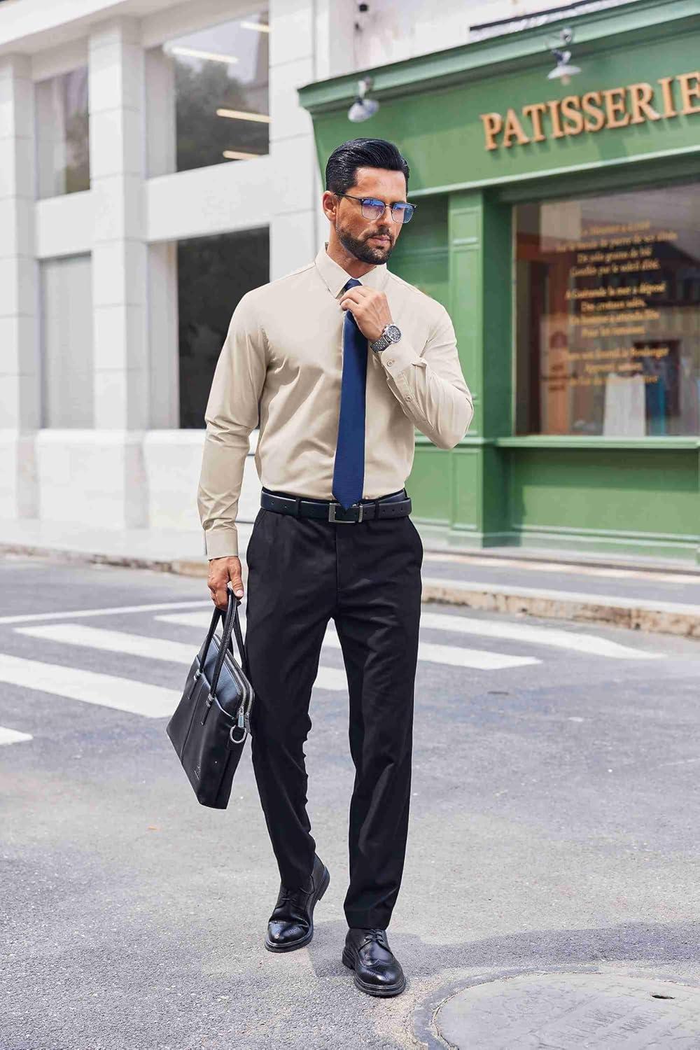 imageCOOFANDY Mens Dress Shirts Long Sleeve Stain Shield Button Down Shirt Regular Fit Formal Business Wedding ShirtsBeige