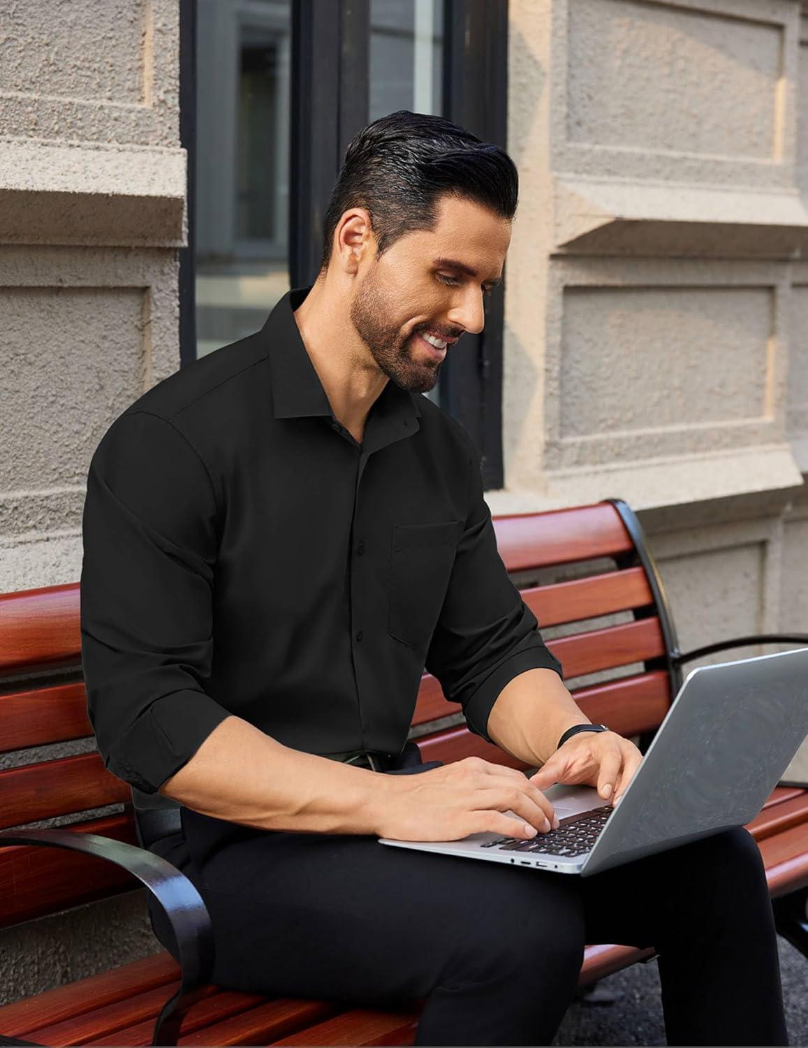 imageCOOFANDY Mens Dress Shirts Long Sleeve Wrinkle Free Button Down Shirts Formal Business ShirtBlack