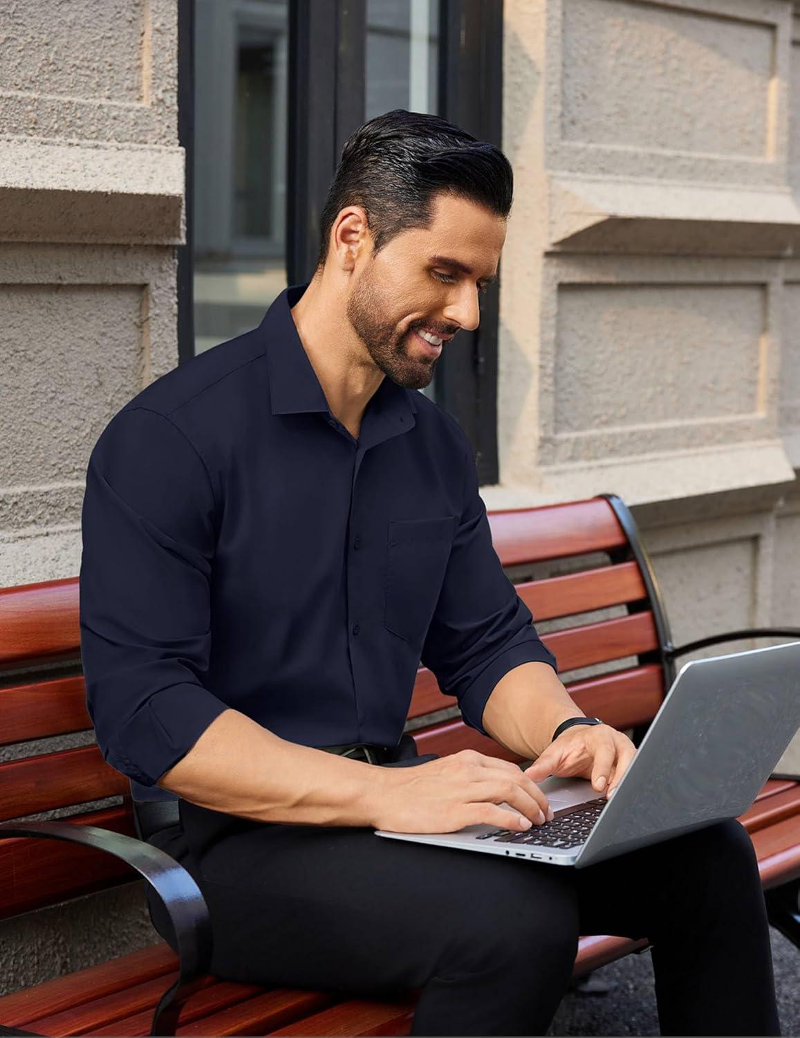 imageCOOFANDY Mens Dress Shirts Long Sleeve Wrinkle Free Button Down Shirts Formal Business ShirtDark Blue