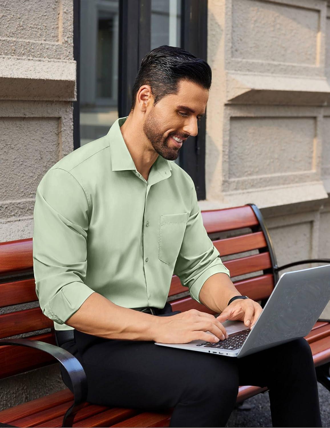 imageCOOFANDY Mens Dress Shirts Long Sleeve Wrinkle Free Button Down Shirts Formal Business ShirtLight Green