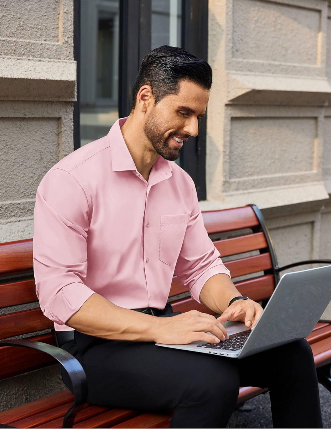 imageCOOFANDY Mens Dress Shirts Long Sleeve Wrinkle Free Button Down Shirts Formal Business ShirtPink