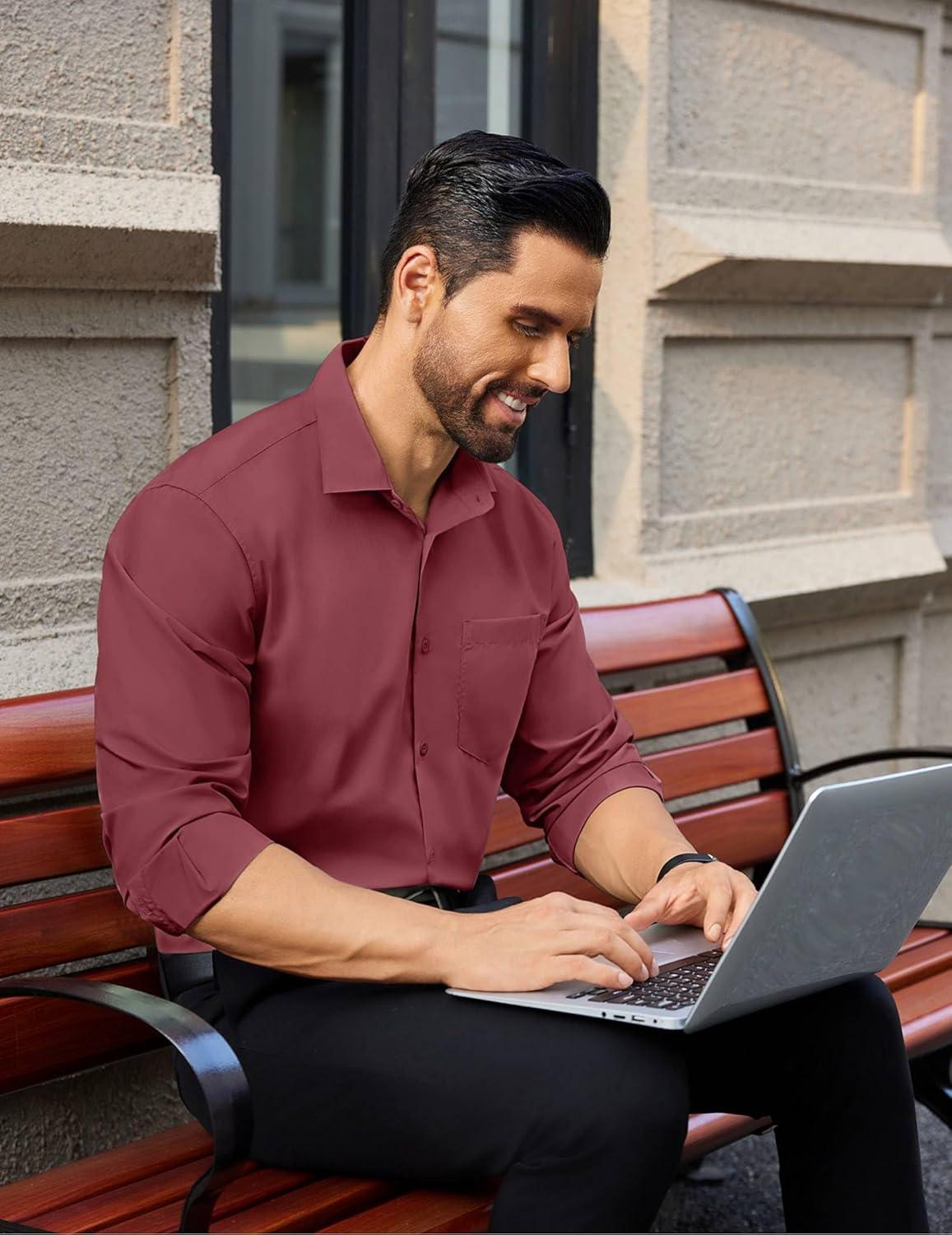 imageCOOFANDY Mens Dress Shirts Long Sleeve Wrinkle Free Button Down Shirts Formal Business ShirtWine Red