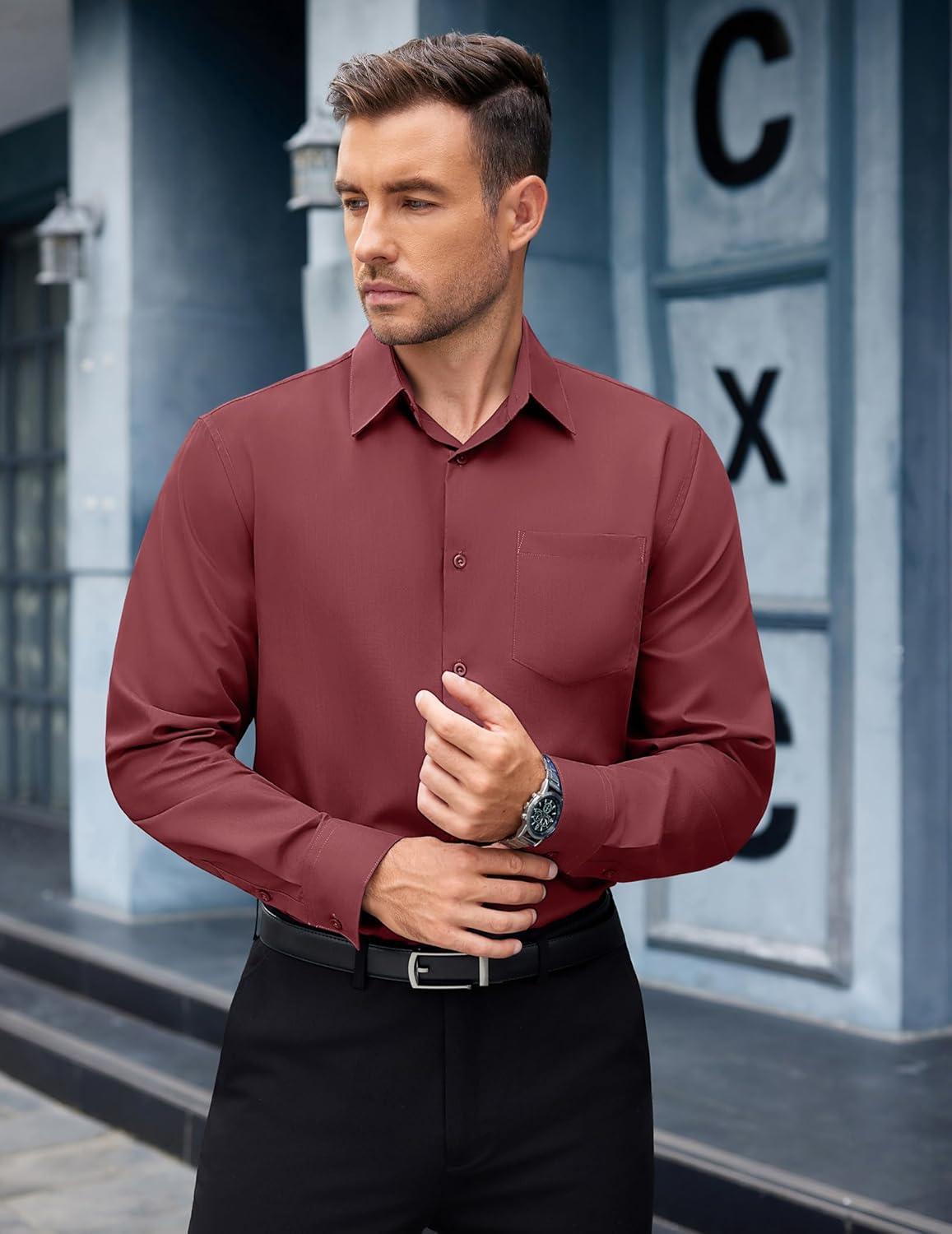 imageCOOFANDY Mens Dress Shirts Long Sleeve Wrinkle Free Button Down Shirts Formal Business ShirtWine Red