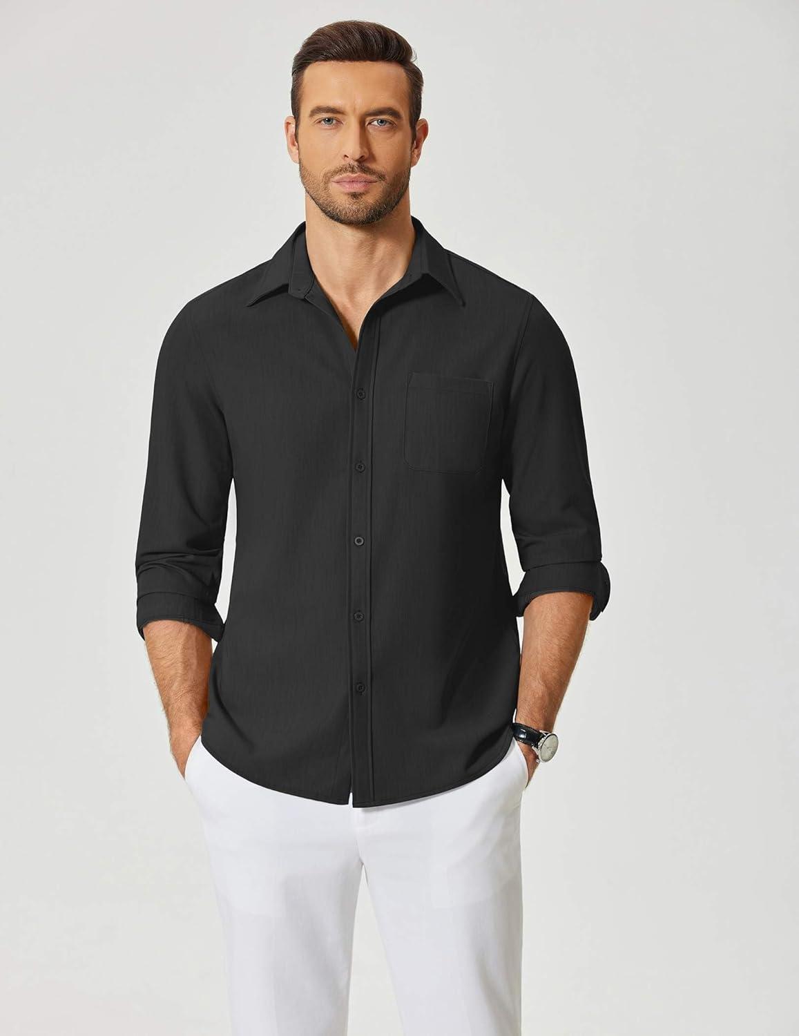 imageCOOFANDY Mens Dress Shirts Untucked Long Sleeve Button Down Denim Shirt Stretch Business Casual Shirts for MenBlack