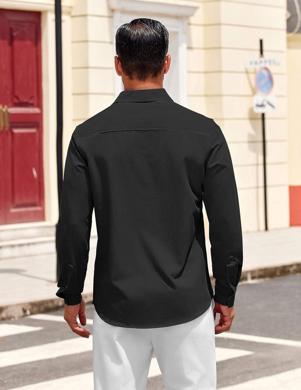 imageCOOFANDY Mens Dress Shirts Untucked Long Sleeve Button Down Denim Shirt Stretch Business Casual Shirts for MenBlack