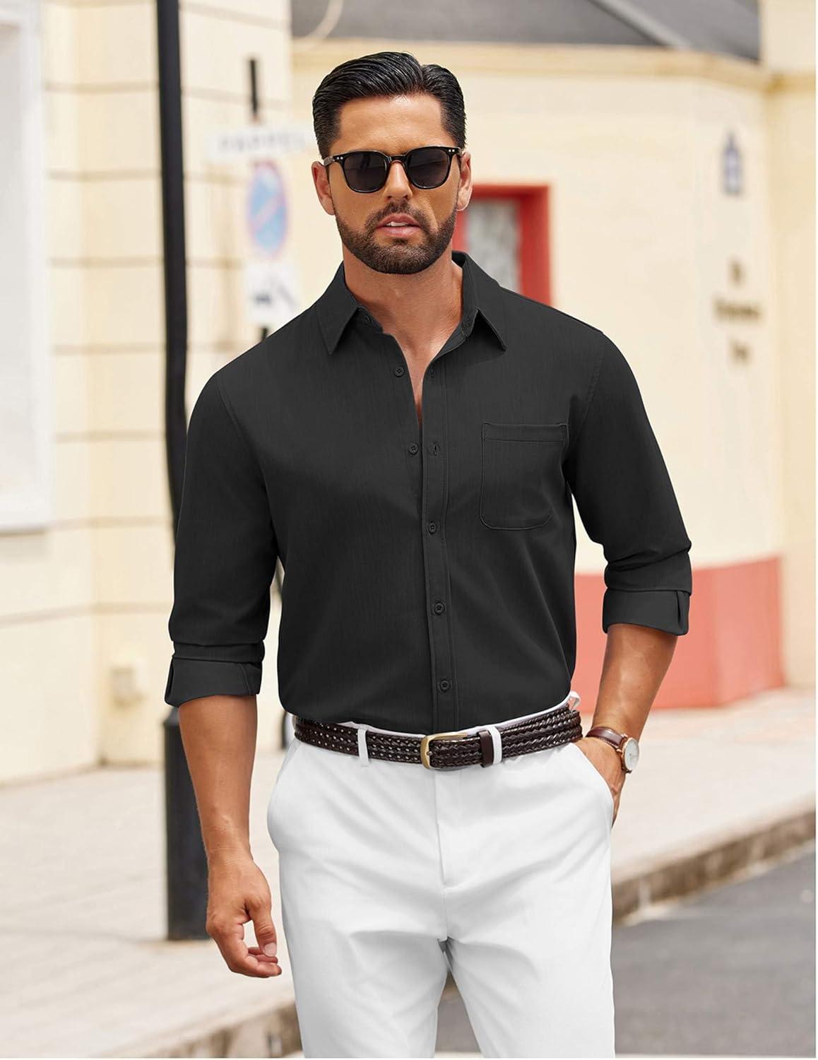 imageCOOFANDY Mens Dress Shirts Untucked Long Sleeve Button Down Denim Shirt Stretch Business Casual Shirts for MenBlack