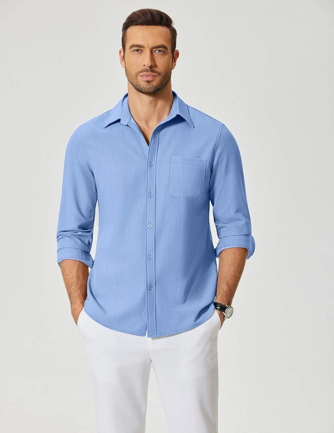 imageCOOFANDY Mens Dress Shirts Untucked Long Sleeve Button Down Denim Shirt Stretch Business Casual Shirts for MenBlue