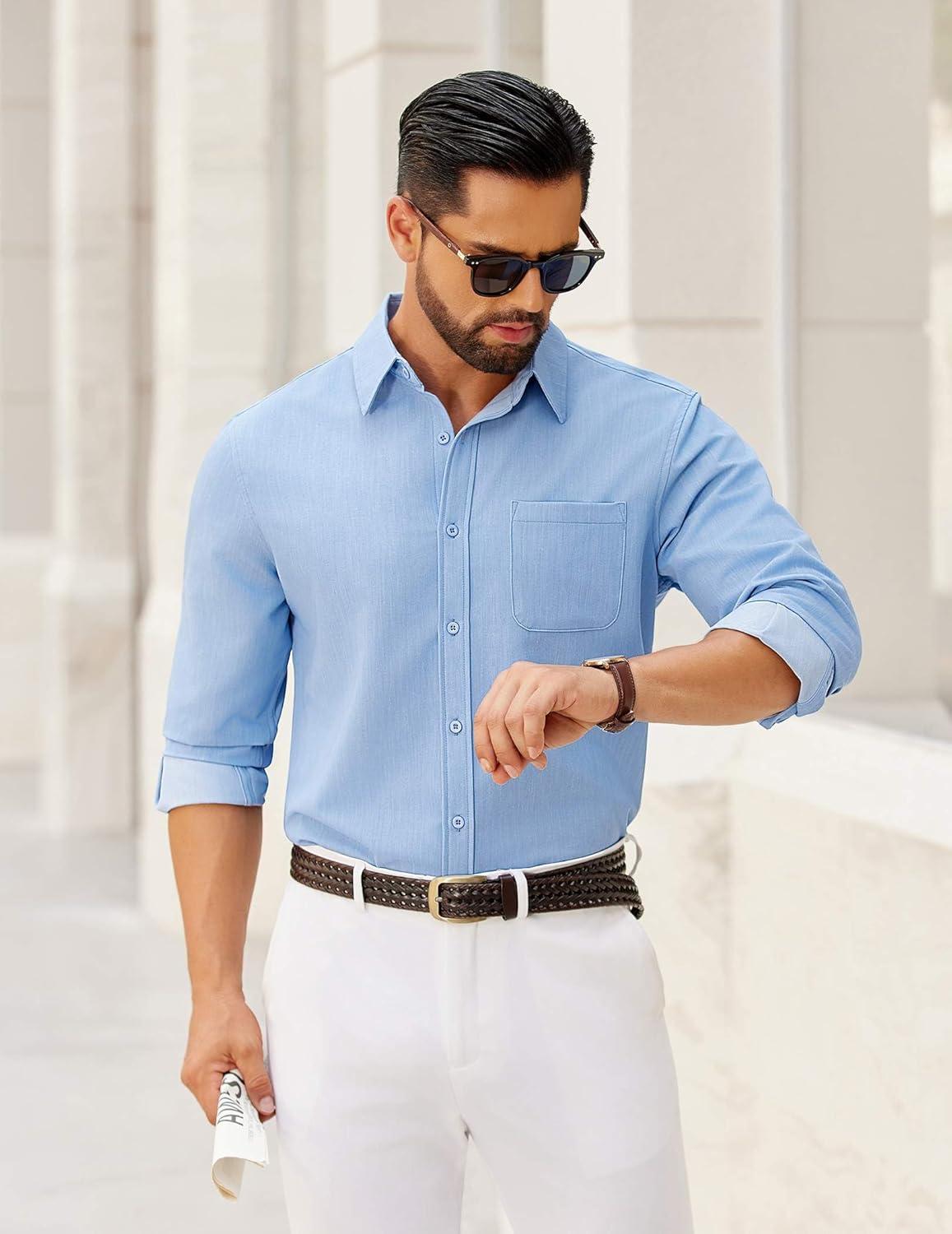 imageCOOFANDY Mens Dress Shirts Untucked Long Sleeve Button Down Denim Shirt Stretch Business Casual Shirts for MenBlue