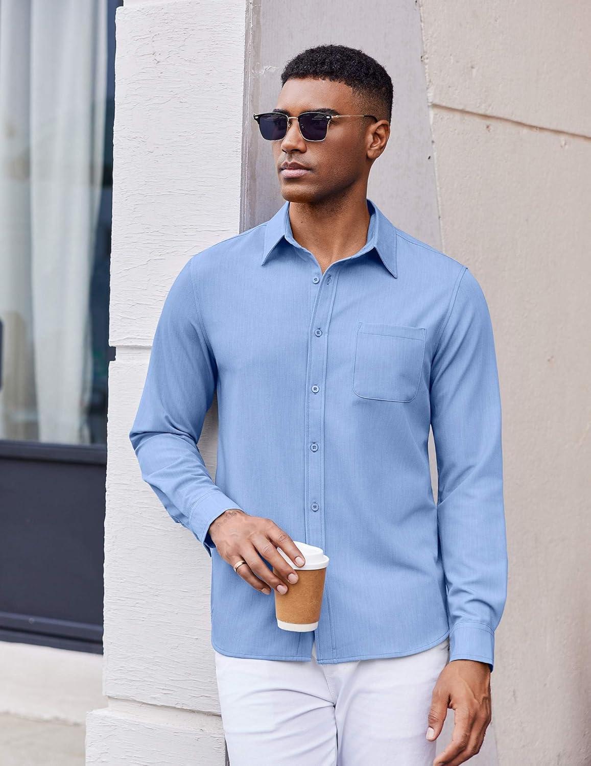 imageCOOFANDY Mens Dress Shirts Untucked Long Sleeve Button Down Denim Shirt Stretch Business Casual Shirts for MenBlue