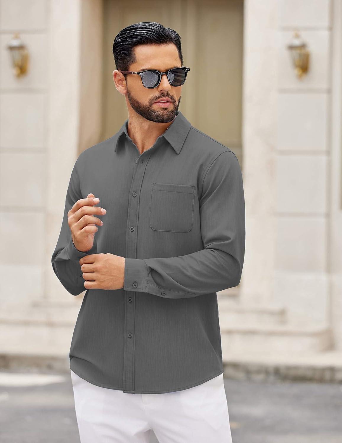 imageCOOFANDY Mens Dress Shirts Untucked Long Sleeve Button Down Denim Shirt Stretch Business Casual Shirts for MenDark Grey