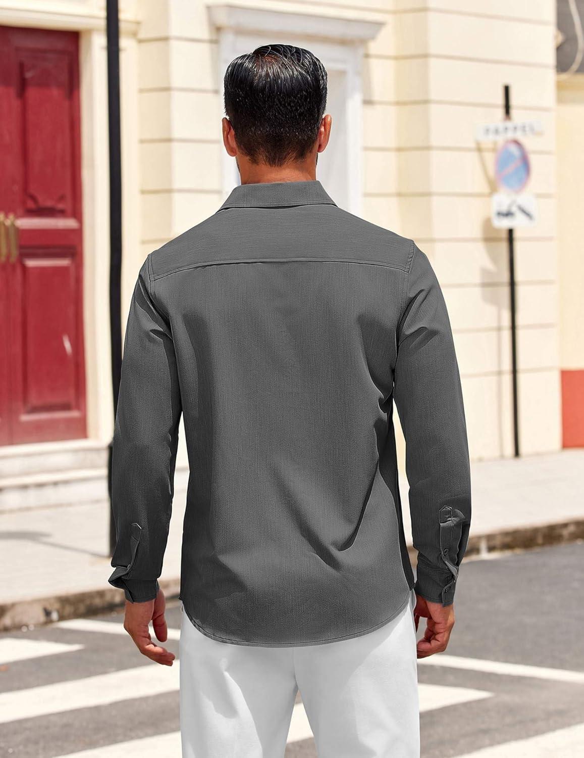 imageCOOFANDY Mens Dress Shirts Untucked Long Sleeve Button Down Denim Shirt Stretch Business Casual Shirts for MenDark Grey