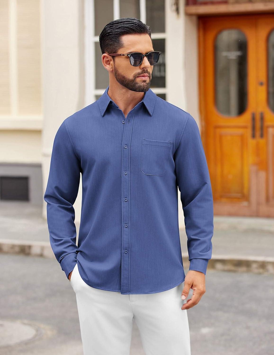 imageCOOFANDY Mens Dress Shirts Untucked Long Sleeve Button Down Denim Shirt Stretch Business Casual Shirts for MenDeep Blue