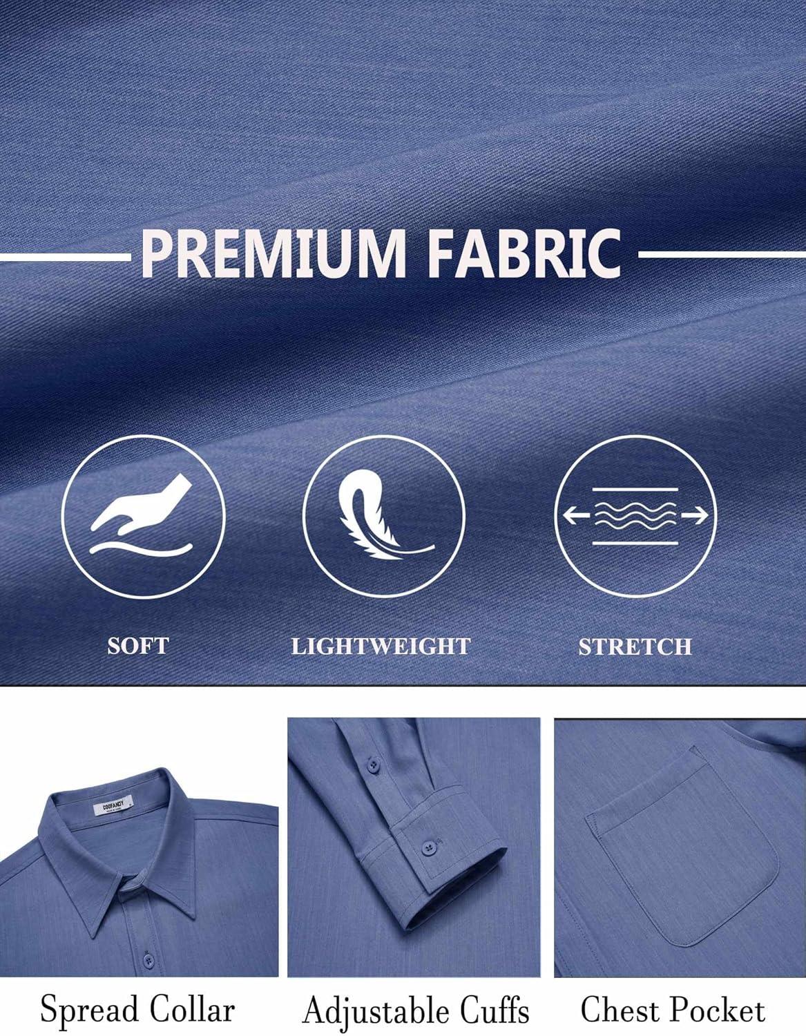 imageCOOFANDY Mens Dress Shirts Untucked Long Sleeve Button Down Denim Shirt Stretch Business Casual Shirts for MenDeep Blue