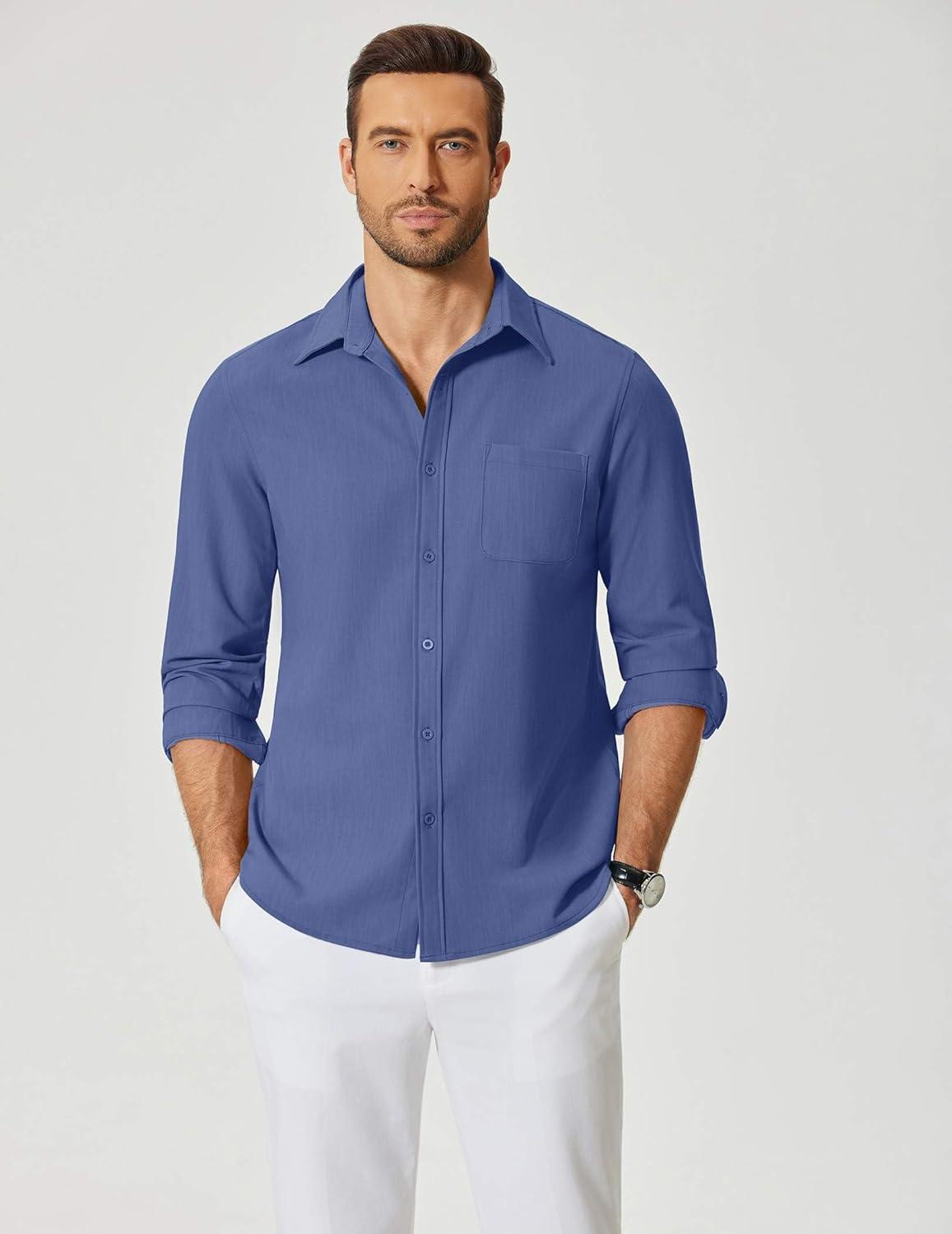 imageCOOFANDY Mens Dress Shirts Untucked Long Sleeve Button Down Denim Shirt Stretch Business Casual Shirts for MenDeep Blue