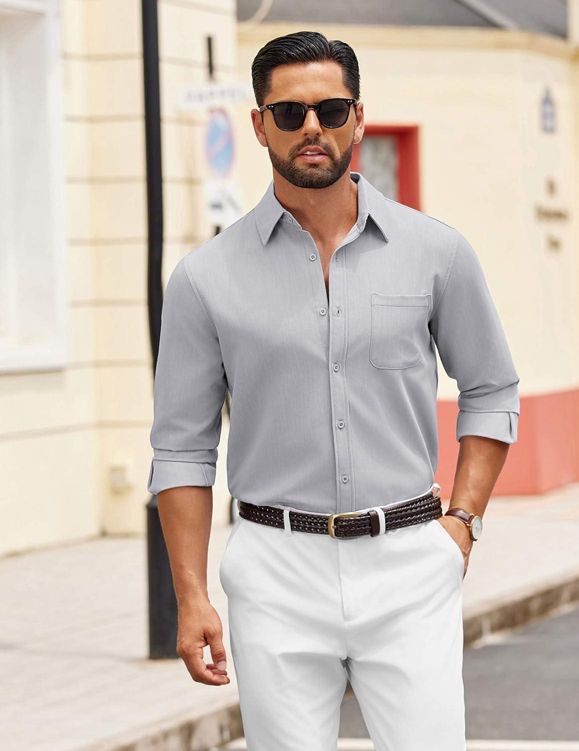 imageCOOFANDY Mens Dress Shirts Untucked Long Sleeve Button Down Denim Shirt Stretch Business Casual Shirts for MenGrey