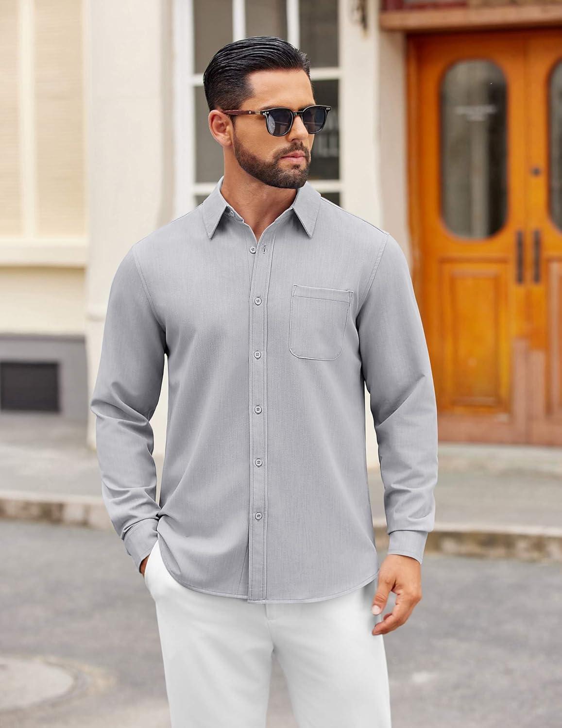 imageCOOFANDY Mens Dress Shirts Untucked Long Sleeve Button Down Denim Shirt Stretch Business Casual Shirts for MenGrey