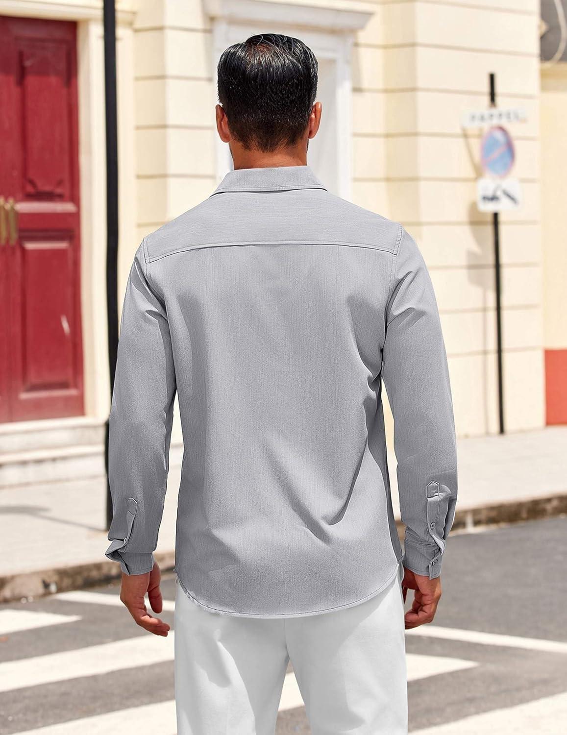 imageCOOFANDY Mens Dress Shirts Untucked Long Sleeve Button Down Denim Shirt Stretch Business Casual Shirts for MenGrey