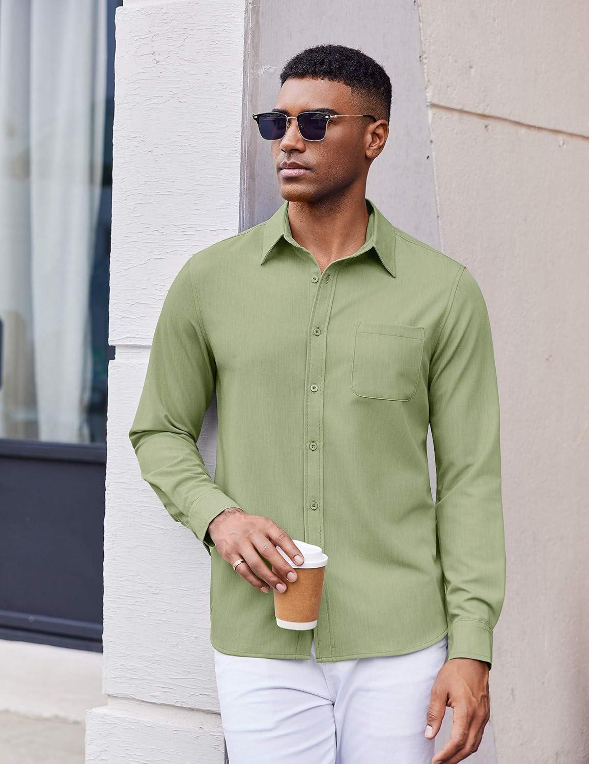 imageCOOFANDY Mens Dress Shirts Untucked Long Sleeve Button Down Denim Shirt Stretch Business Casual Shirts for MenLight Green