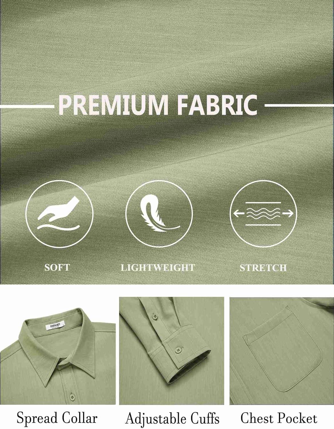 imageCOOFANDY Mens Dress Shirts Untucked Long Sleeve Button Down Denim Shirt Stretch Business Casual Shirts for MenLight Green