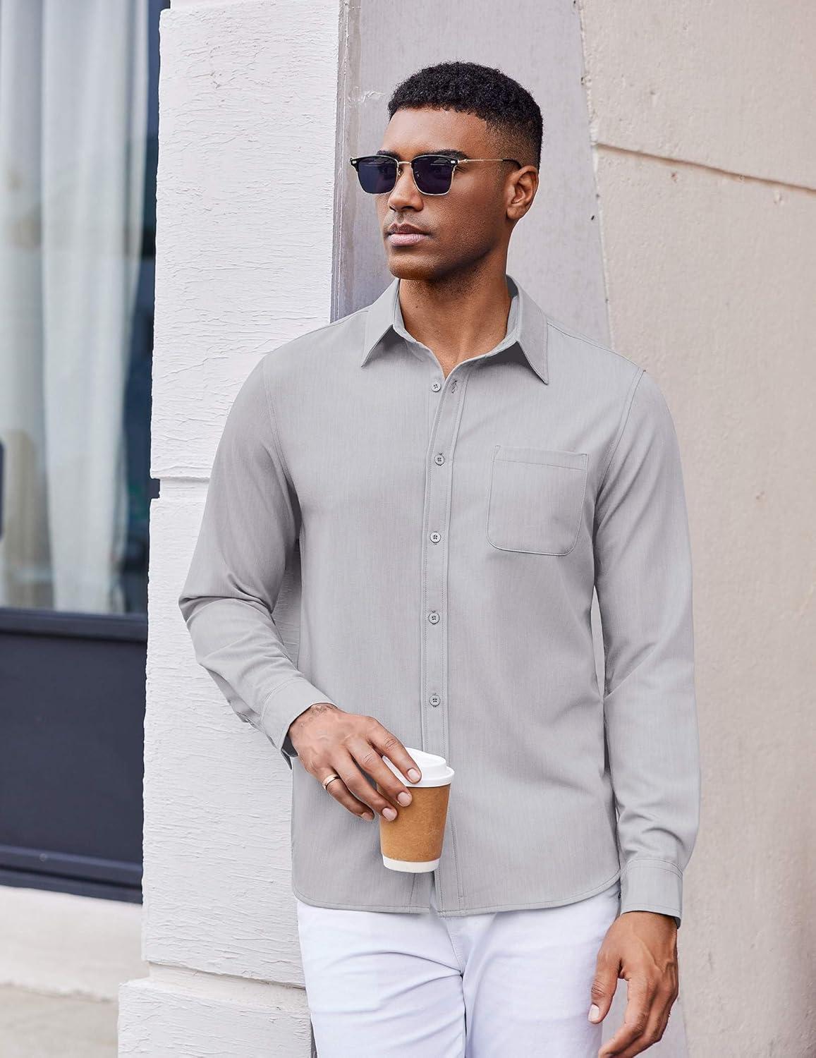 imageCOOFANDY Mens Dress Shirts Untucked Long Sleeve Button Down Denim Shirt Stretch Business Casual Shirts for MenLight Grey