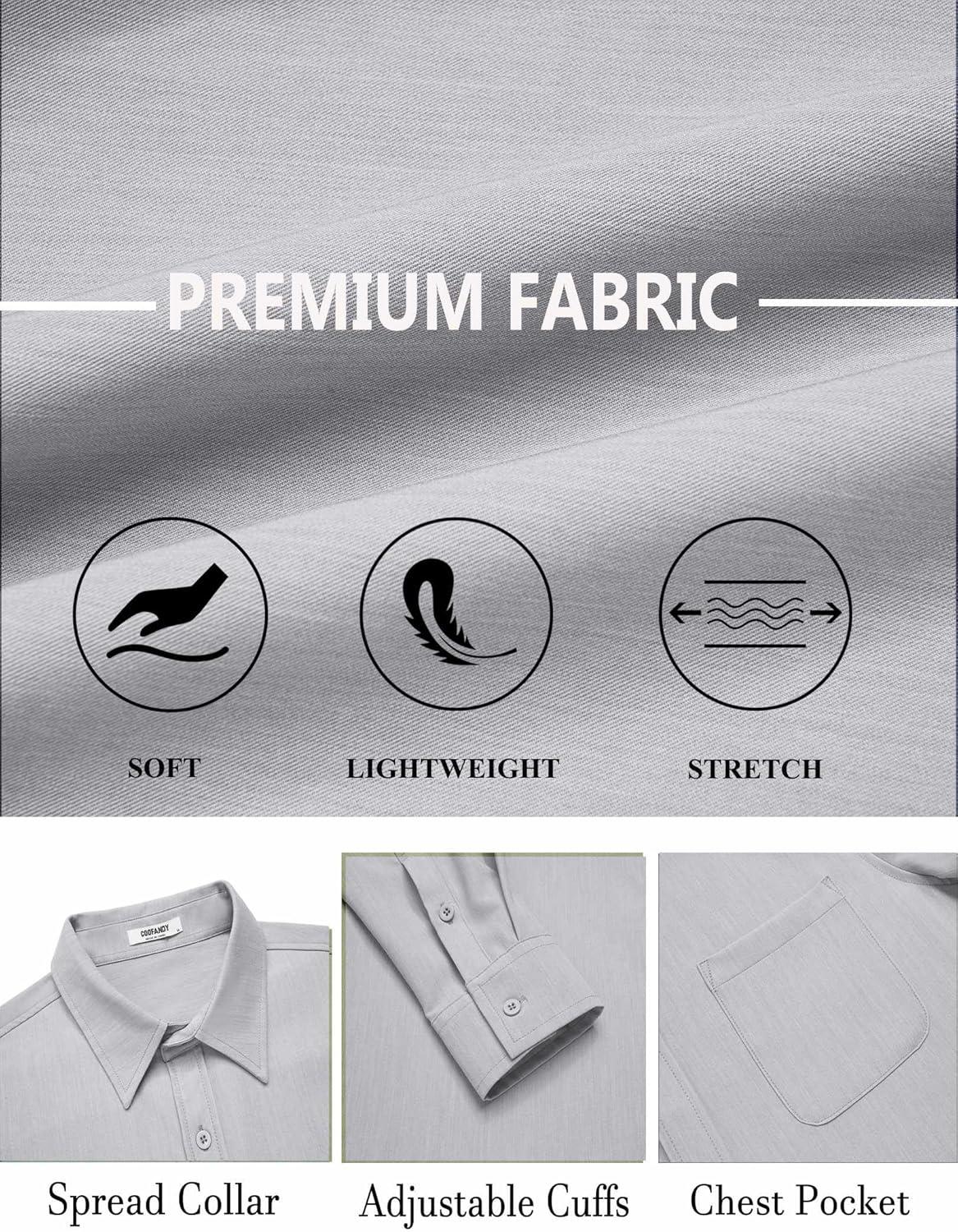 imageCOOFANDY Mens Dress Shirts Untucked Long Sleeve Button Down Denim Shirt Stretch Business Casual Shirts for MenLight Grey