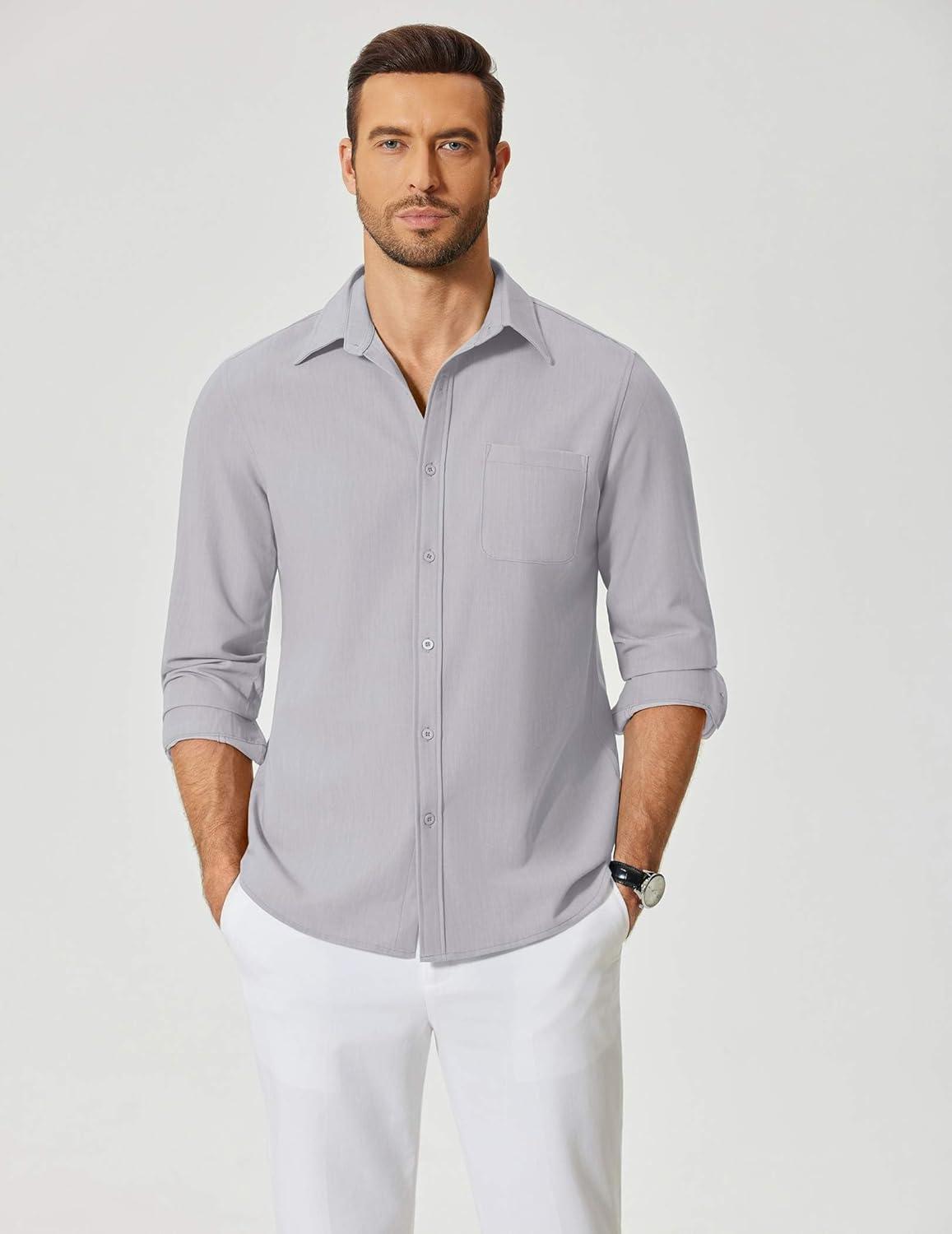 imageCOOFANDY Mens Dress Shirts Untucked Long Sleeve Button Down Denim Shirt Stretch Business Casual Shirts for MenLight Grey