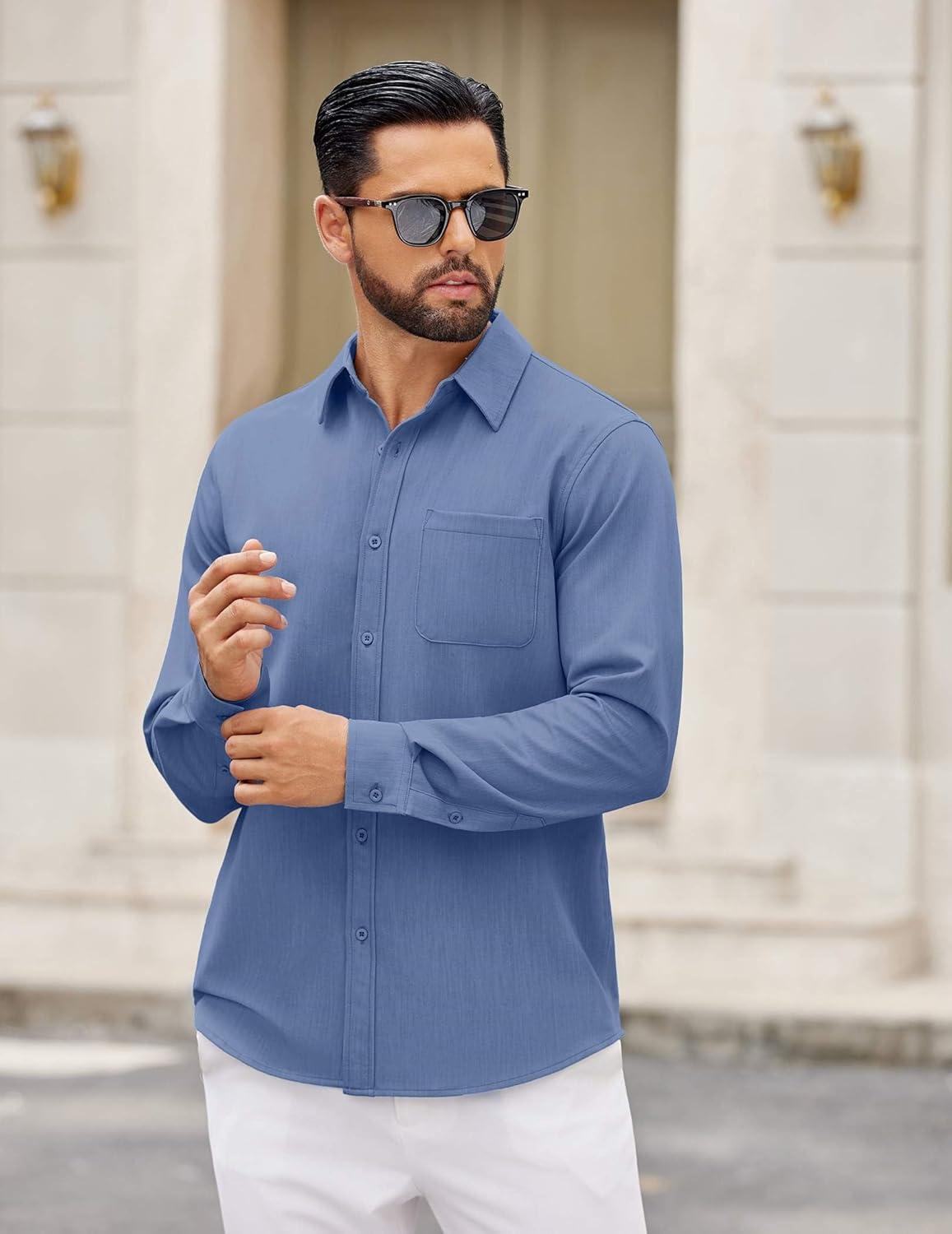 imageCOOFANDY Mens Dress Shirts Untucked Long Sleeve Button Down Denim Shirt Stretch Business Casual Shirts for MenNavy Blue