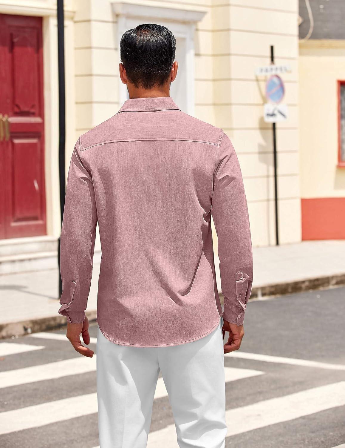 imageCOOFANDY Mens Dress Shirts Untucked Long Sleeve Button Down Denim Shirt Stretch Business Casual Shirts for MenPink