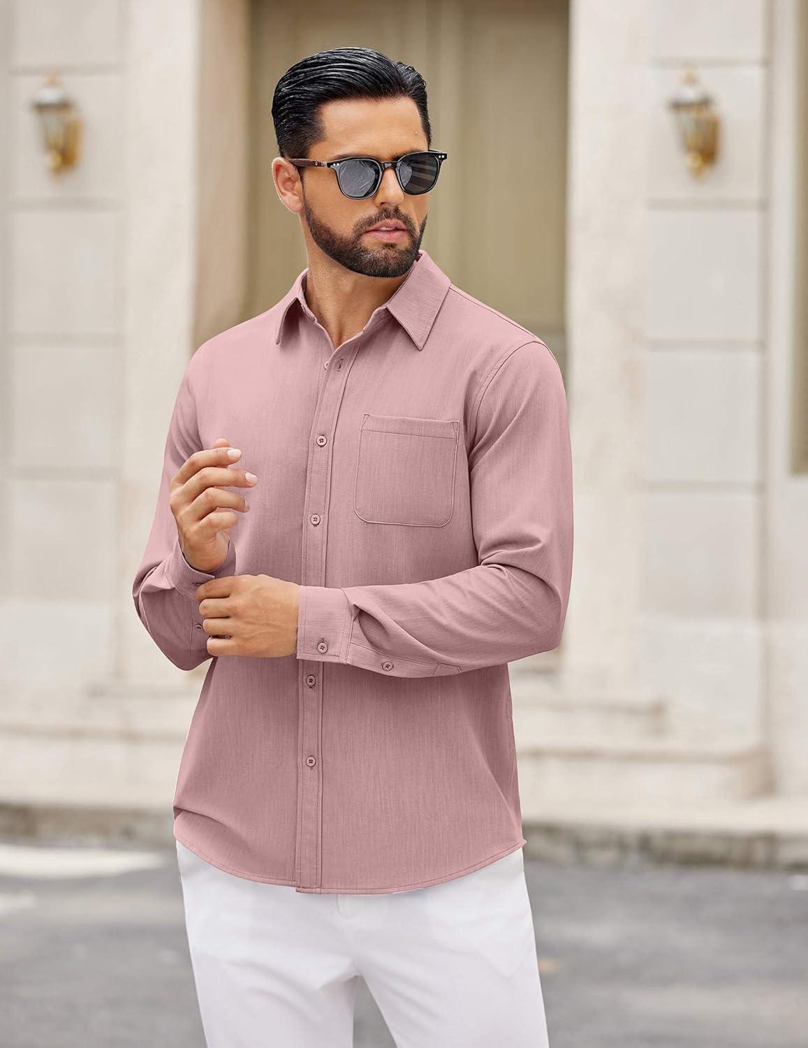 imageCOOFANDY Mens Dress Shirts Untucked Long Sleeve Button Down Denim Shirt Stretch Business Casual Shirts for MenPink