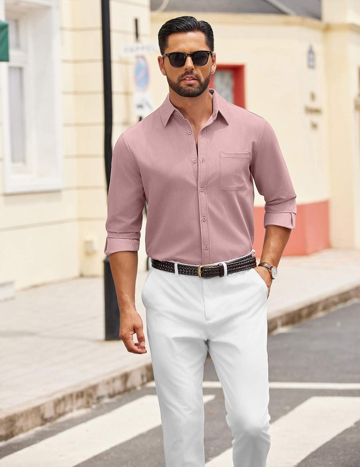 imageCOOFANDY Mens Dress Shirts Untucked Long Sleeve Button Down Denim Shirt Stretch Business Casual Shirts for MenPink