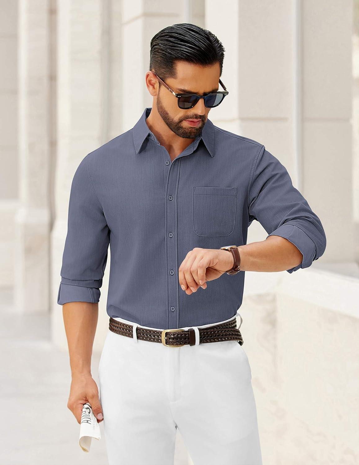 imageCOOFANDY Mens Dress Shirts Untucked Long Sleeve Button Down Denim Shirt Stretch Business Casual Shirts for MenStone Blue