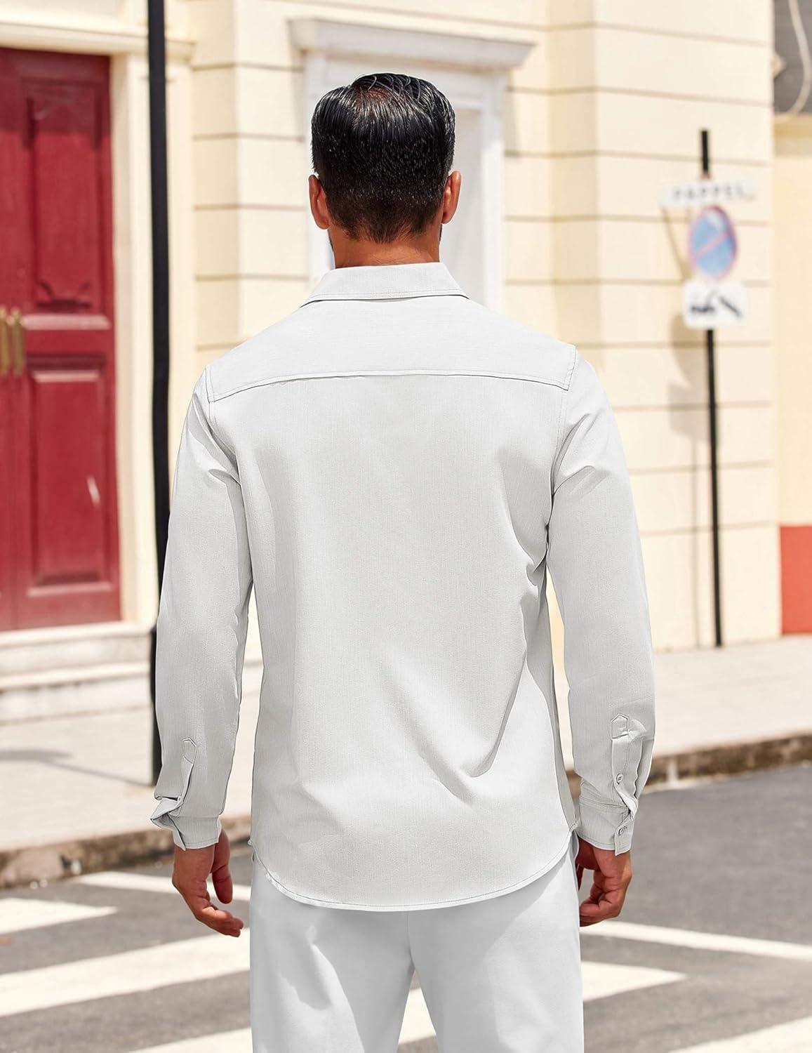 imageCOOFANDY Mens Dress Shirts Untucked Long Sleeve Button Down Denim Shirt Stretch Business Casual Shirts for MenWhite