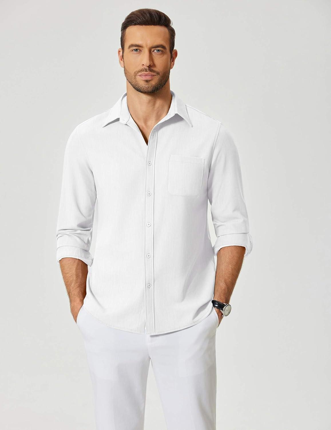 imageCOOFANDY Mens Dress Shirts Untucked Long Sleeve Button Down Denim Shirt Stretch Business Casual Shirts for MenWhite