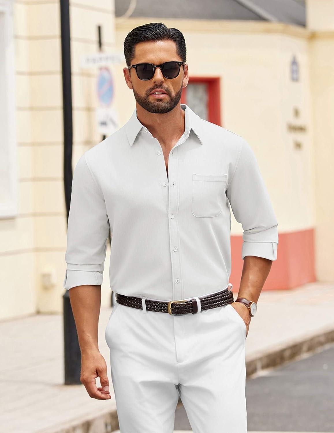 imageCOOFANDY Mens Dress Shirts Untucked Long Sleeve Button Down Denim Shirt Stretch Business Casual Shirts for MenWhite