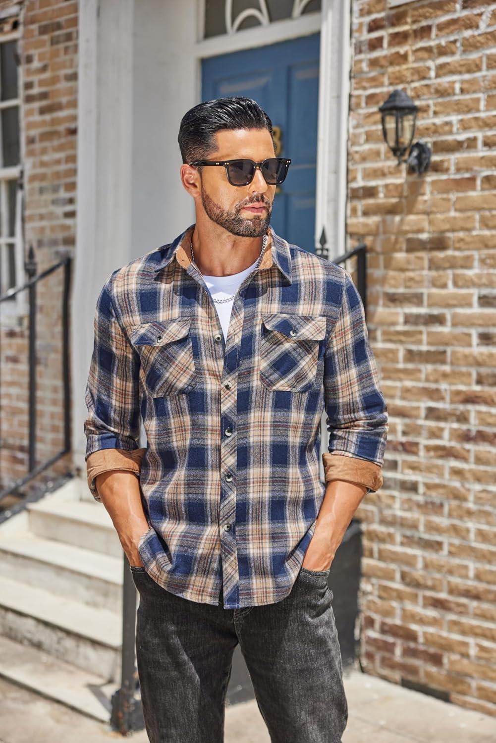 imageCOOFANDY Mens Fall Plaid Button Down Shirt Long Sleeve Casual Cowboy Work Shirts Lightweight Flannel Shirts Two PocketA Plaidnavy Khaki Plaid