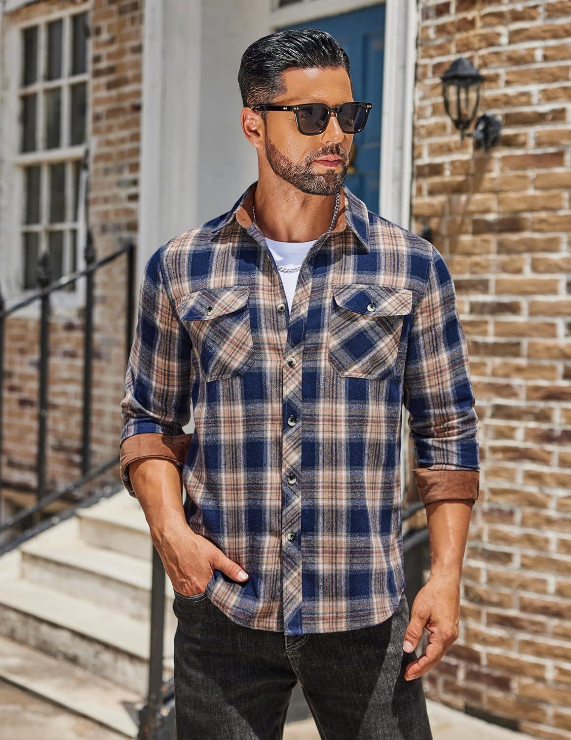 imageCOOFANDY Mens Fall Plaid Button Down Shirt Long Sleeve Casual Cowboy Work Shirts Lightweight Flannel Shirts Two PocketA Plaidnavy Khaki Plaid