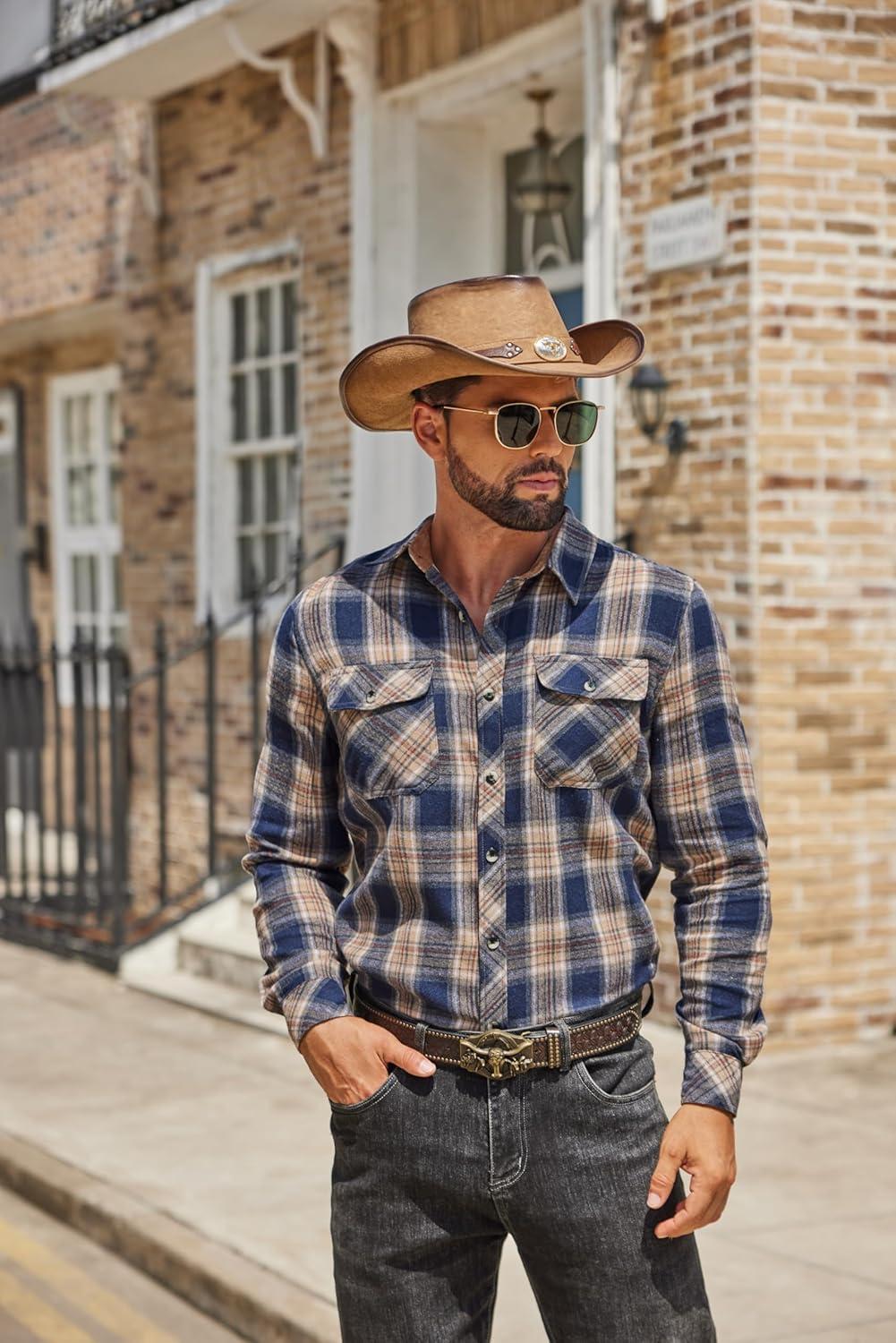 imageCOOFANDY Mens Fall Plaid Button Down Shirt Long Sleeve Casual Cowboy Work Shirts Lightweight Flannel Shirts Two PocketA Plaidnavy Khaki Plaid