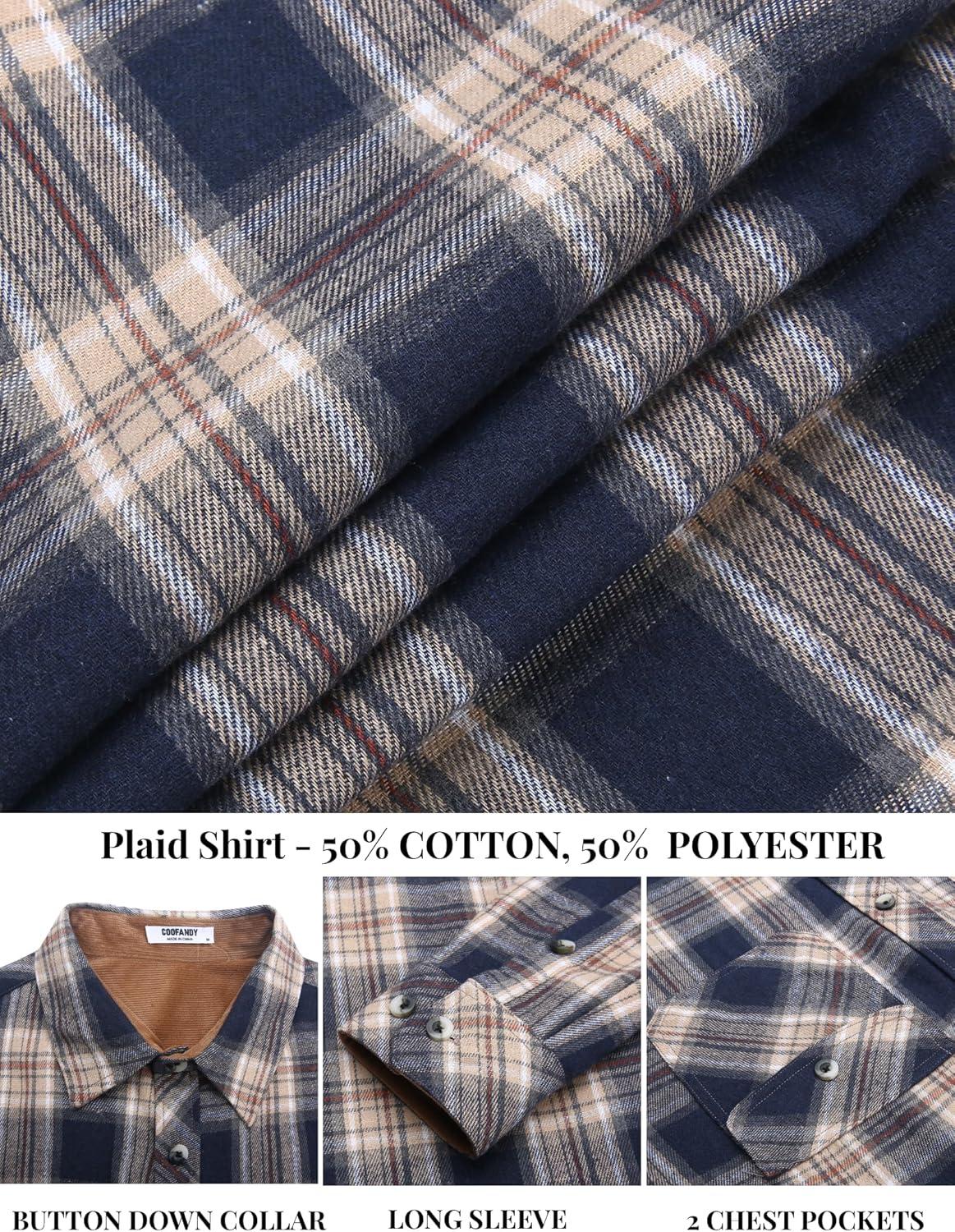 imageCOOFANDY Mens Fall Plaid Button Down Shirt Long Sleeve Casual Cowboy Work Shirts Lightweight Flannel Shirts Two PocketA Plaidnavy Khaki Plaid