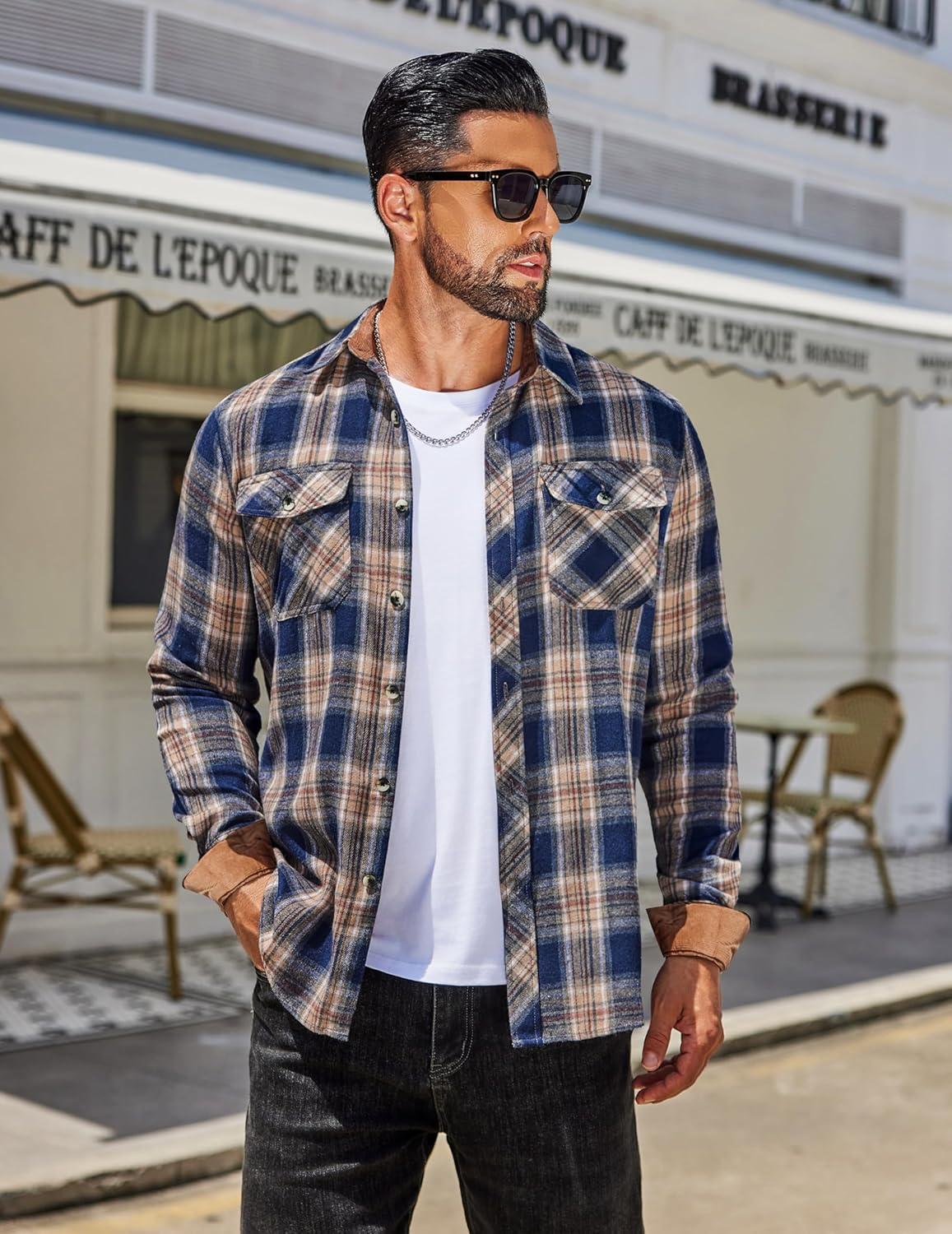 imageCOOFANDY Mens Fall Plaid Button Down Shirt Long Sleeve Casual Cowboy Work Shirts Lightweight Flannel Shirts Two PocketA Plaidnavy Khaki Plaid