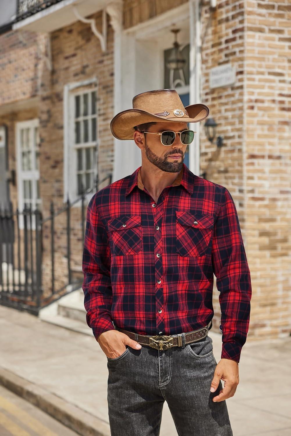 imageCOOFANDY Mens Fall Plaid Button Down Shirt Long Sleeve Casual Cowboy Work Shirts Lightweight Flannel Shirts Two PocketPlaidred