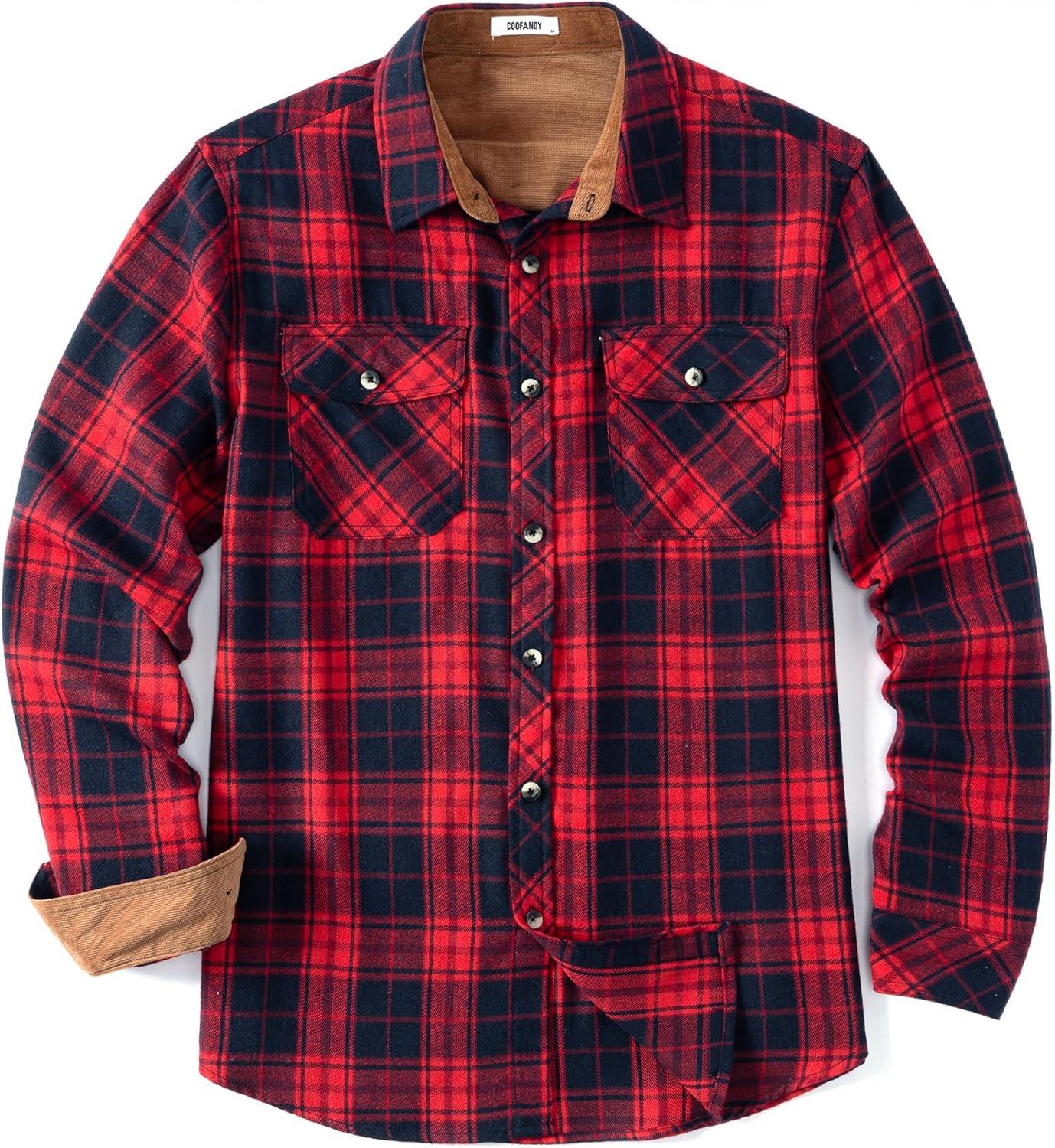 imageCOOFANDY Mens Fall Plaid Button Down Shirt Long Sleeve Casual Cowboy Work Shirts Lightweight Flannel Shirts Two PocketPlaidred